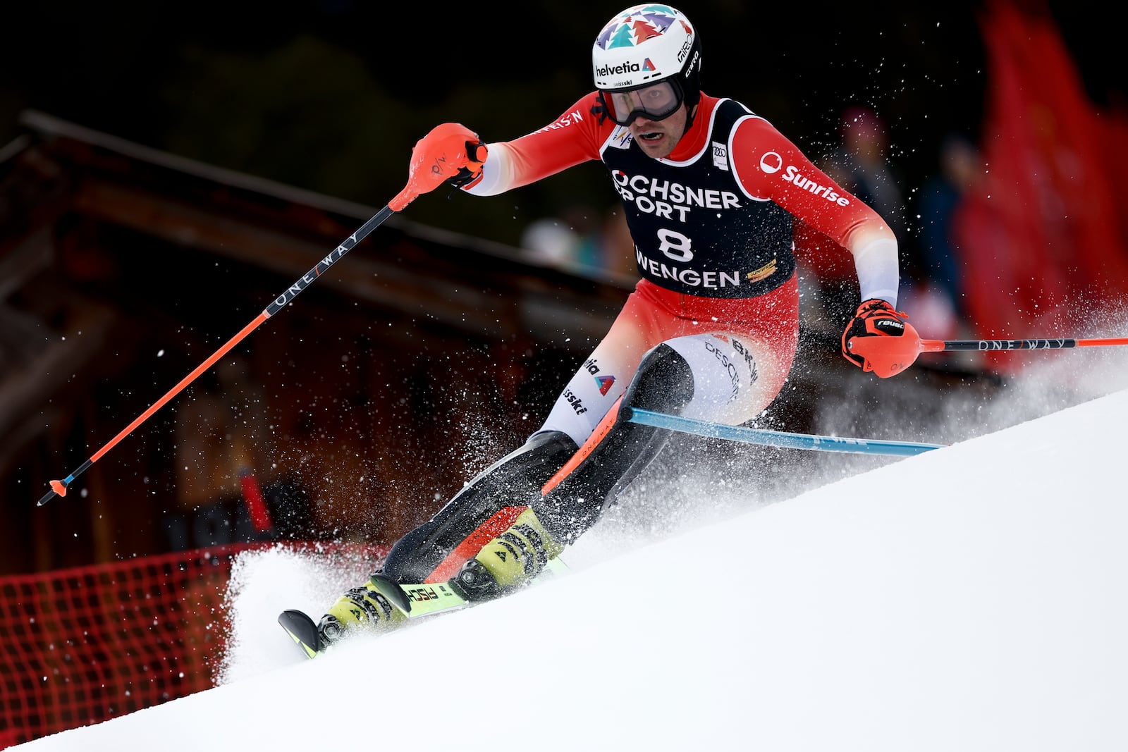 Switzerland's Daniel Yule competes in an alpine ski, men's World Cup slalom, in Wengen, Switzerland, Sunday, Jan. 19, 2025 (AP Photo/Gabriele Facciotti)