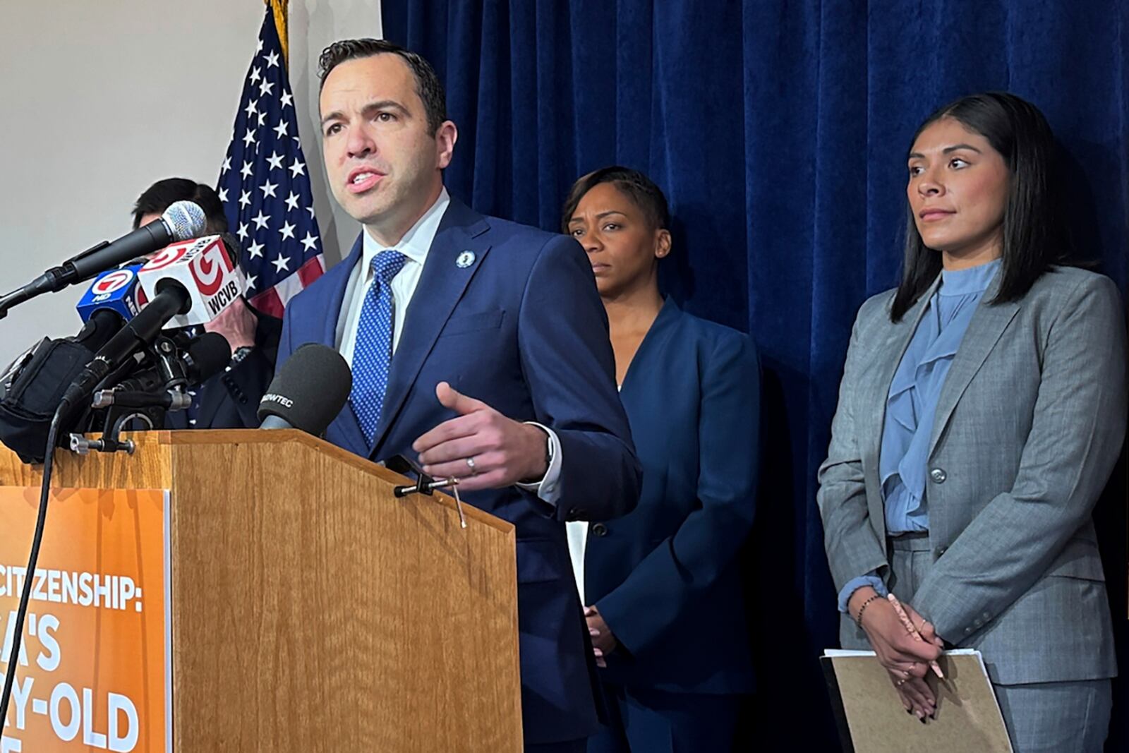 New Jersey Attorney General Matthew Platkin joins Massachusetts Attorney General Andrea Campbell is joined by Connecticut Attorney General William Tong at a news conference regarding a federal lawsuit challenging President Donald Trump's executive order seeking to end birthright citizenship for anyone born in the U.S. to someone in the U.S. illegally on Friday, Feb. 7, 2025 in Boston. (AP Photo/Michael Casey)