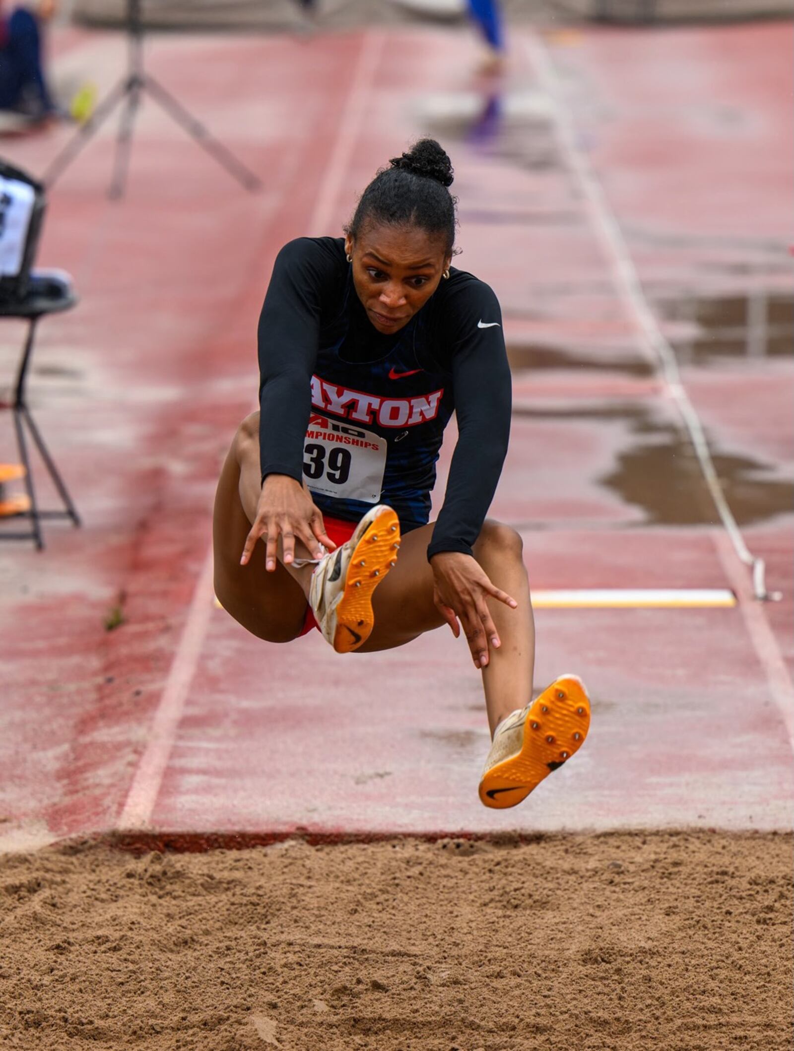 Kendall Johnson, of the Dayton track and field team, competes in the long jump in 2024. Photo courtesy of UD