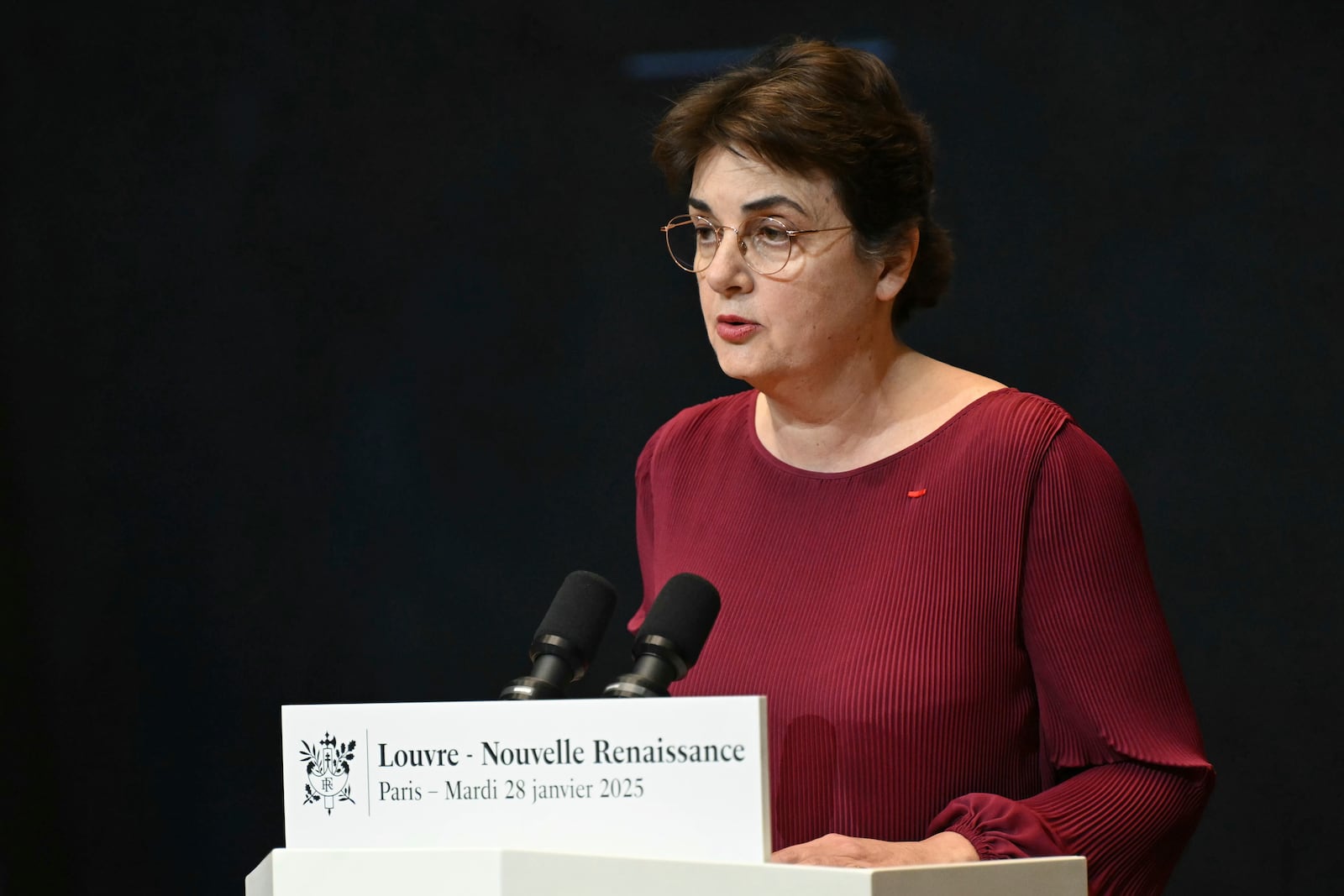 The Louvre Museum director Laurence des Cars delivers her speech, Tuesday, Jan. 28, 2025 in Paris. French President Emmanuel Macron has announced that the Mona Lisa will get its own dedicated room inside the Louvre museum, which he said will be renovated and expanded in a major overhaul. ( Bertrand Guay, Pool via AP)