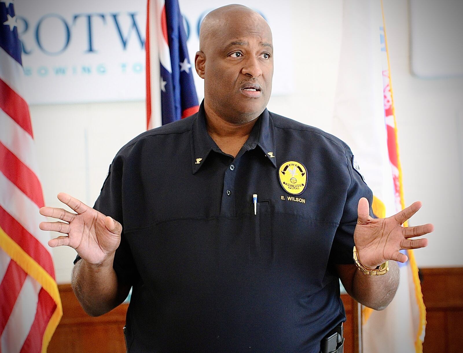 Trotwood police Chief Erik Wilson talked about an early-morning raid Best Buds Depot on Salem Avenue at a press conference Wednesday, April 24, 2024. MARSHALL GORBY \STAFF