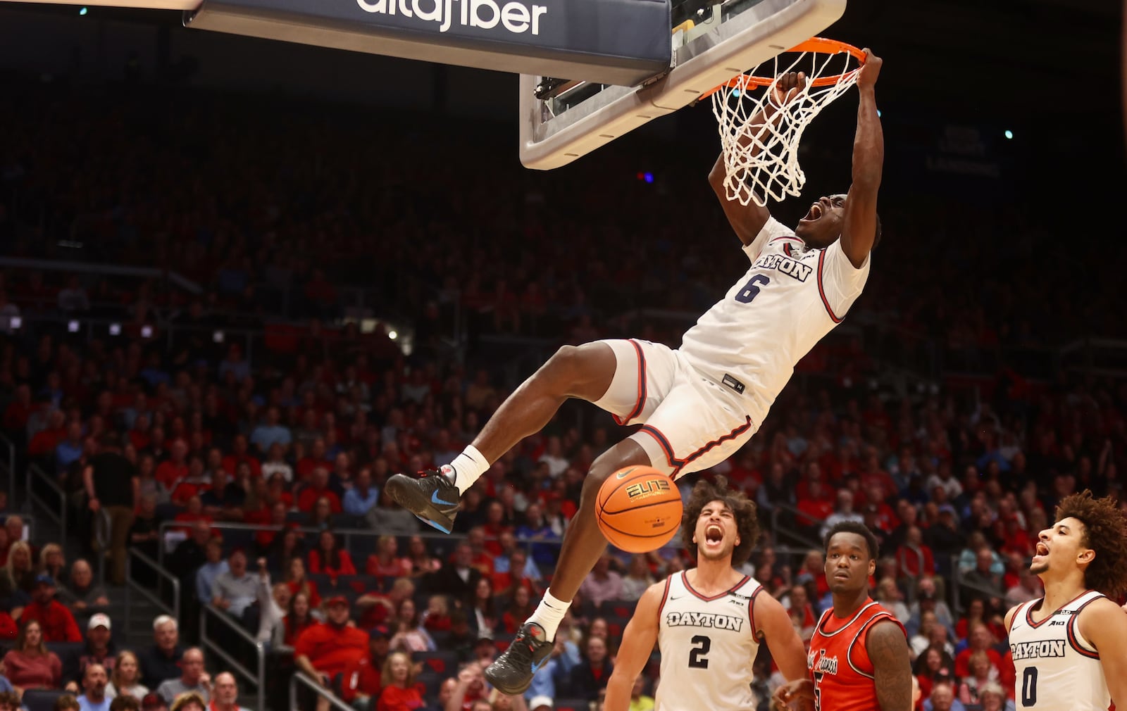 Dayton's Enoch Cheeks dunks against Saint Francis on Monday, Nov. 4, 2024, at UD Arena. David Jablonski/Staff