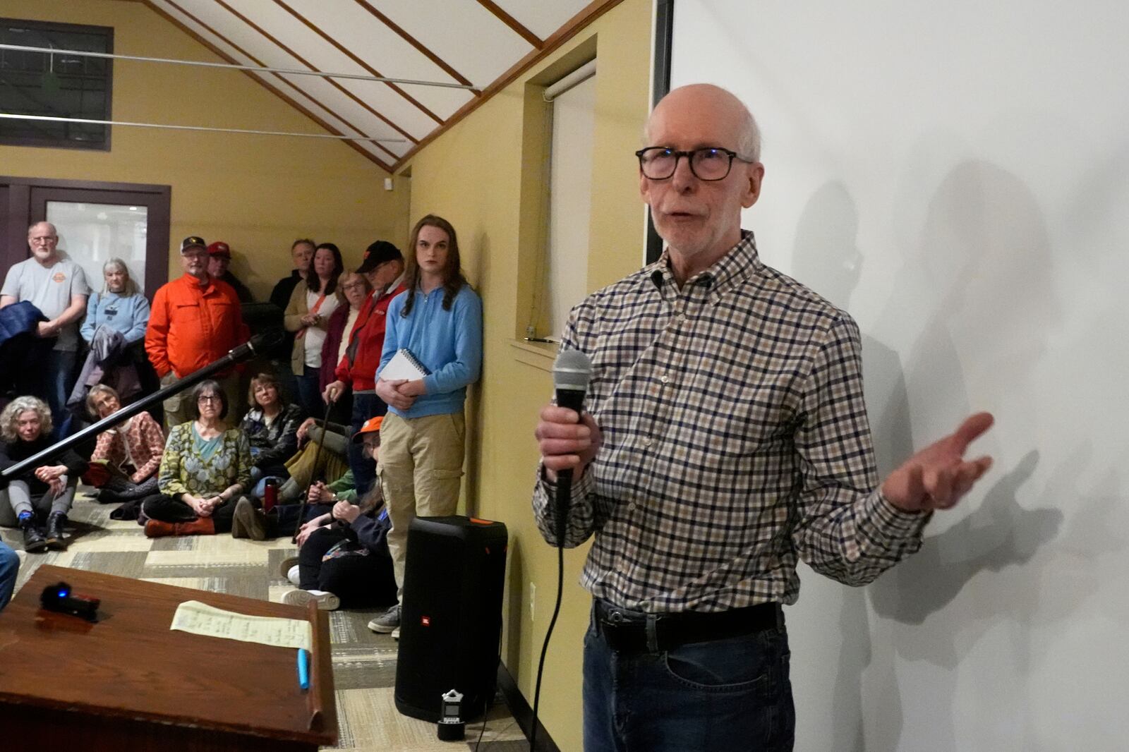 David McFarlane speaks during a town hall meeting at the George Culver Community Library Thursday, March 6, 2025, in Sauk City, Wis. (AP Photo/Morry Gash)