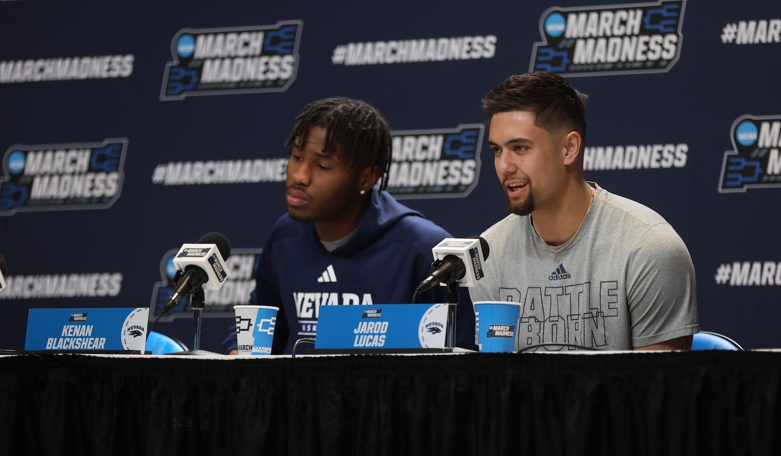 Nevada's Kenan Blackshear and Jarod Lucas talk at a NCAA tournament press conference on Wednesday, March 20, 2024, at the Delta Center in Salt Lake City, Utah. David Jablonski/Staff