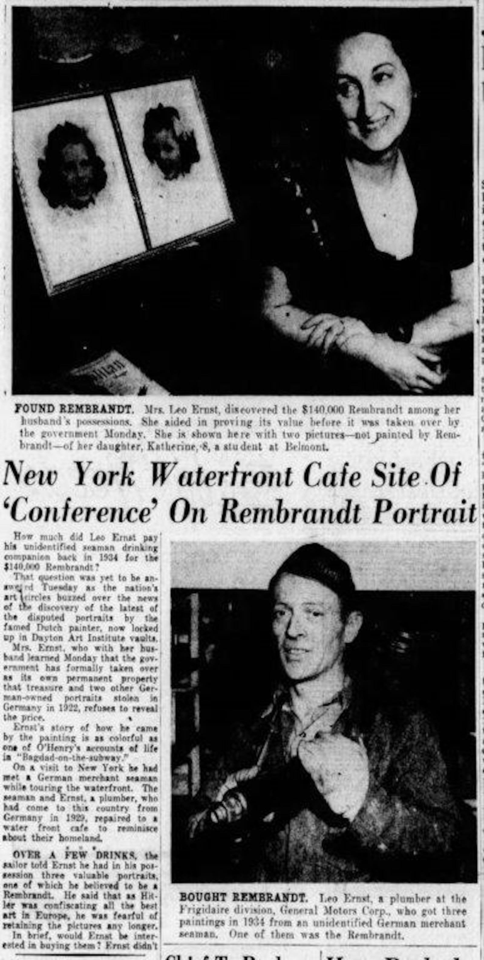 The Dayton Daily News front page from Feb. 11, 1947, the day after a stolen Rembrandt and two other paintings were seized by federal agents in Dayton. Dayton resident Leo Ernst had bought the paintings years before and said he thought they were fakes.