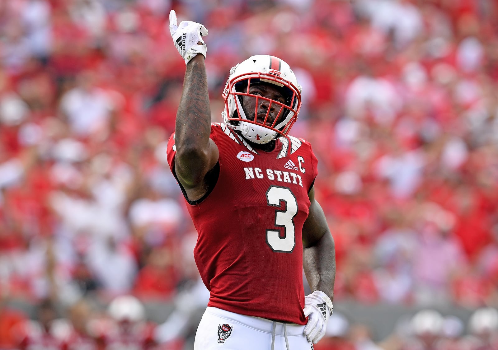 RALEIGH, NC - OCTOBER 06: Germaine Pratt #3 of the North Carolina State Wolfpack reacts after recoving a fumble by the Boston College Eagles during their game at Carter-Finley Stadium on October 6, 2018 in Raleigh, North Carolina. North Carolina State won 28-23. (Photo by Grant Halverson/Getty Images)