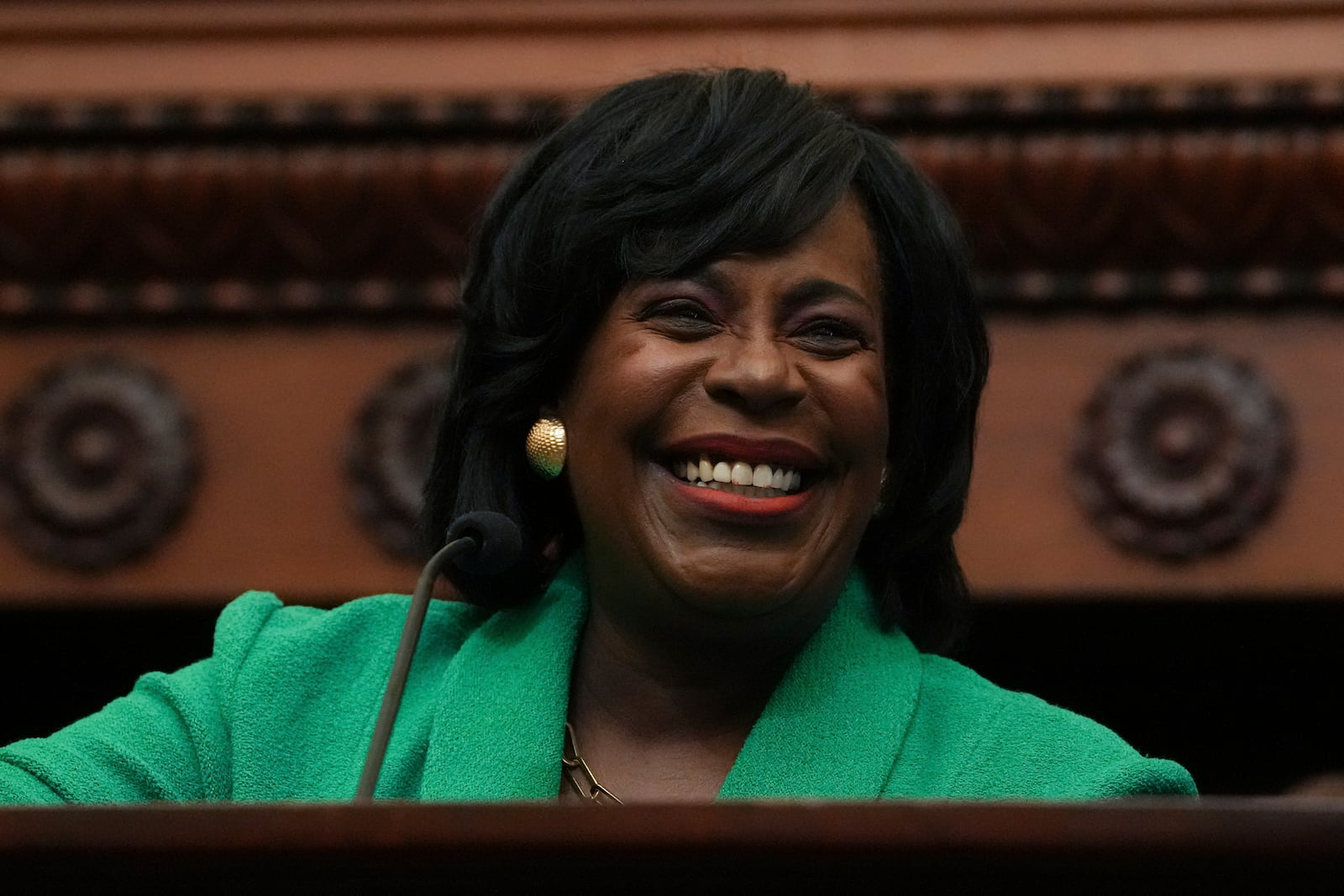 Philadelphia Mayor Cherelle Parker speaks during a news conference in Philadelphia, Monday, Jan. 13, 2025, announcing that the Philadelphia 76ers will partner with Comcast, their current landlord, to build a new arena in South Philadelphia and abandon a deal with the city to build the arena downtown,. (AP Photo/Matt Rourke)