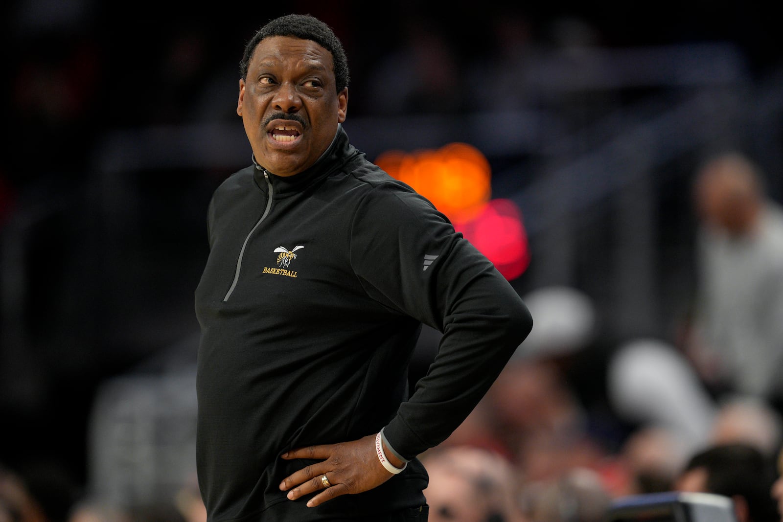 Alabama State head coach Madlock reacts during the first half of an NCAA college basketball game against Cincinnati, Wednesday, Nov. 27, 2024, in Cincinnati. (AP Photo/Jeff Dean)