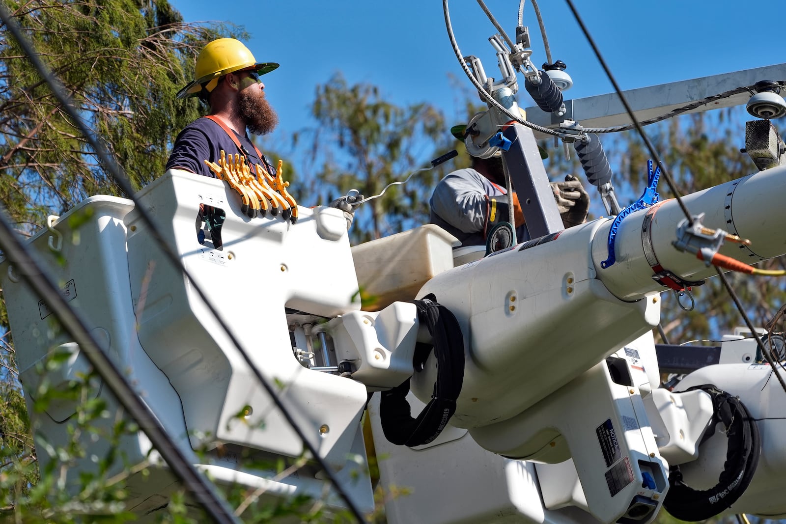 Pike Corporation linemen, of North Carolina, repair power lines damaged by Hurricane Milton Monday, Oct. 14, 2024, in Lithia, Fla. (AP Photo/Chris O'Meara)