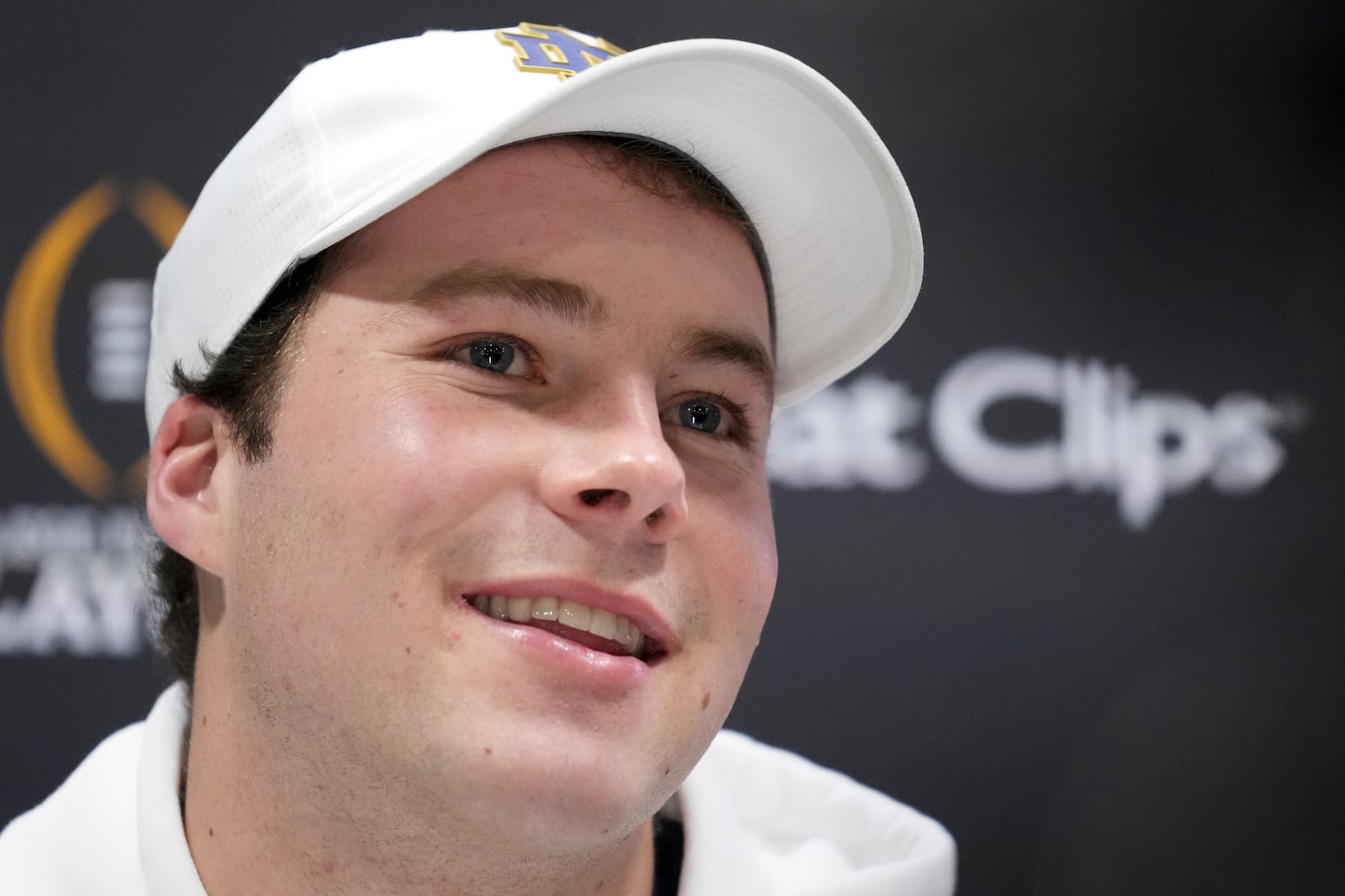 Notre Dame quarterback Riley Leonard talks during media day ahead of the national championship NCAA College Football Playoff game between Ohio State and Notre Dame Saturday, Jan. 18, 2025, in Atlanta. The game will be played on Monday. (AP Photo/Brynn Anderson)