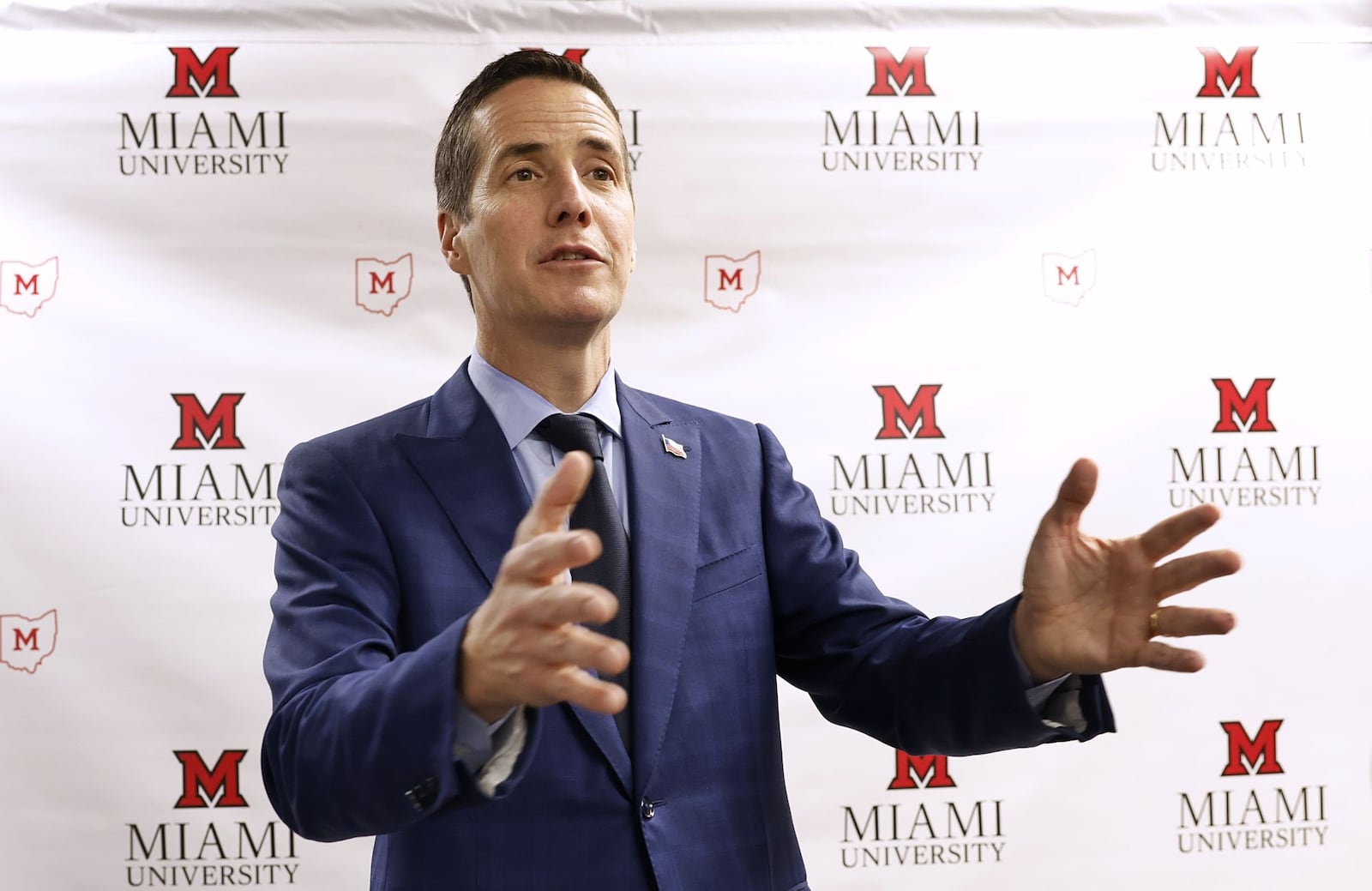 Candidate Bernie Moreno speaks to media after the Ohio U.S. Senate Republican candidate debate on Wednesday, March 6, 2024 at Miami University's Gates-Abegglen Theatre in the Center for Performing Arts in Oxford. NICK GRAHAM/STAFF