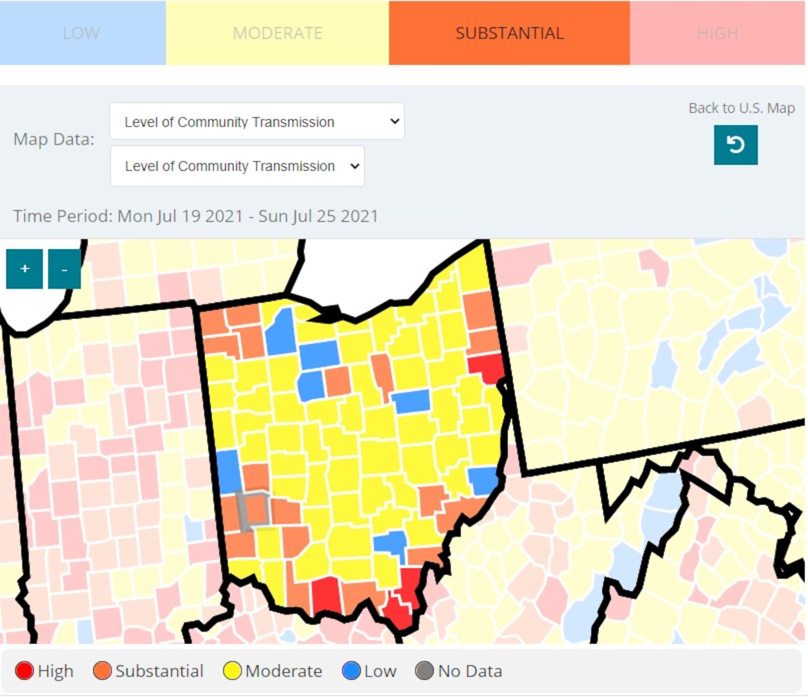 According to the CDC website, while much of Ohio is experiencing only a moderate level of transmission, six local counties fall in the substantial transmission category, as of the latest data.