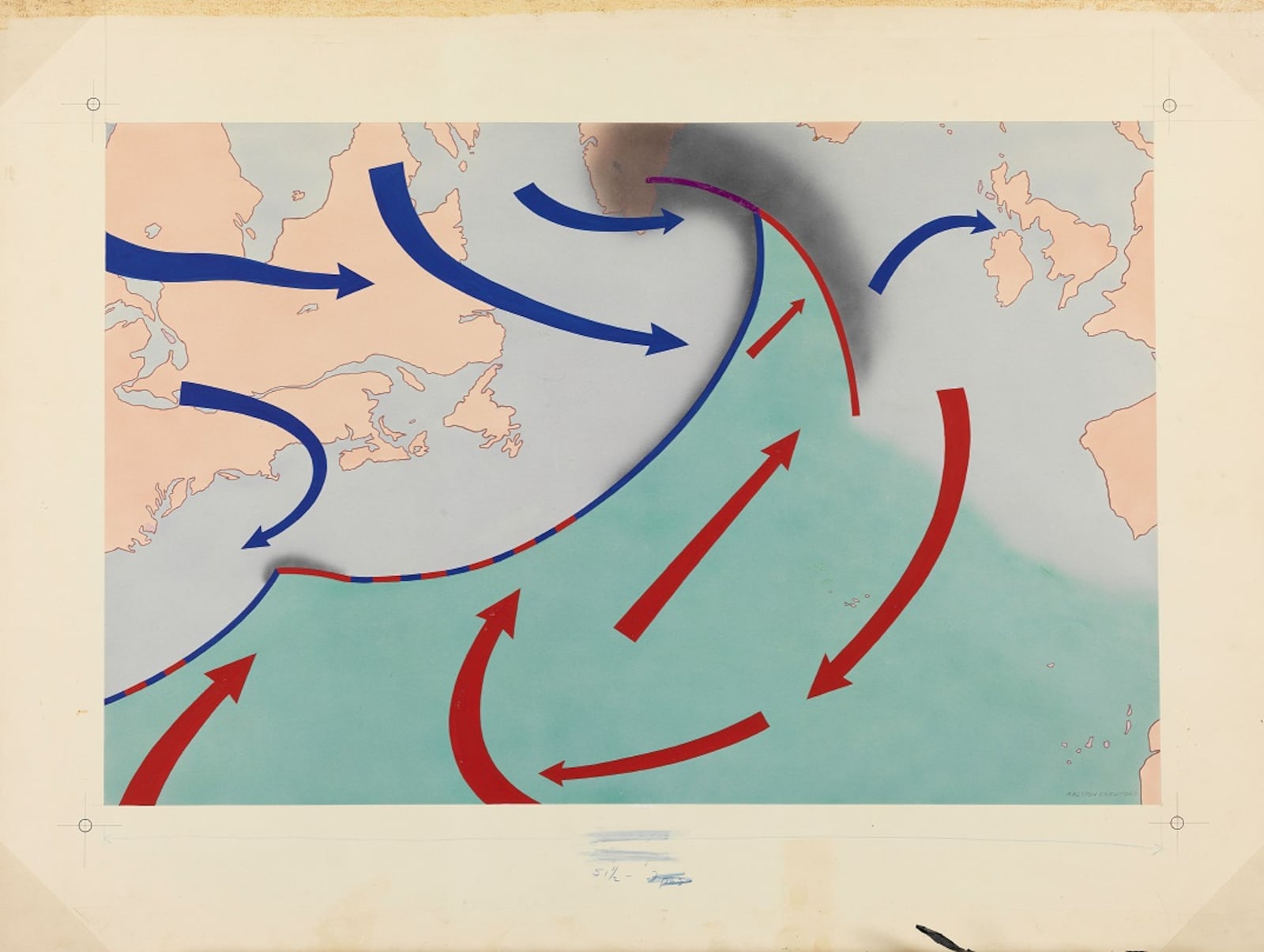 Ralston Crawford’s original artwork for “Transatlantic Round Trips Follow the Pattern of the Weather,” Fortune, November 1944, p. 159. Gouache on paper mounted on board. Collection of John Crawford. CONTRIBUTED