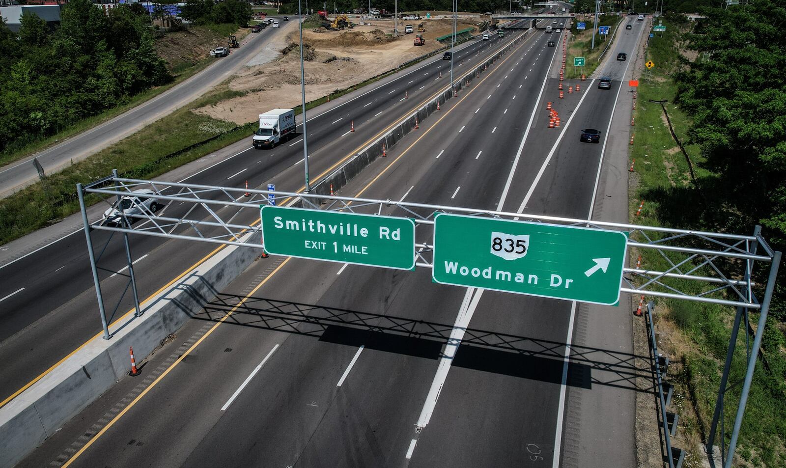 U.S. 35 near the Woodman Drive exit, after lane widening in 2023 but before completion of the interchange project. JIM NOELKER/STAFF