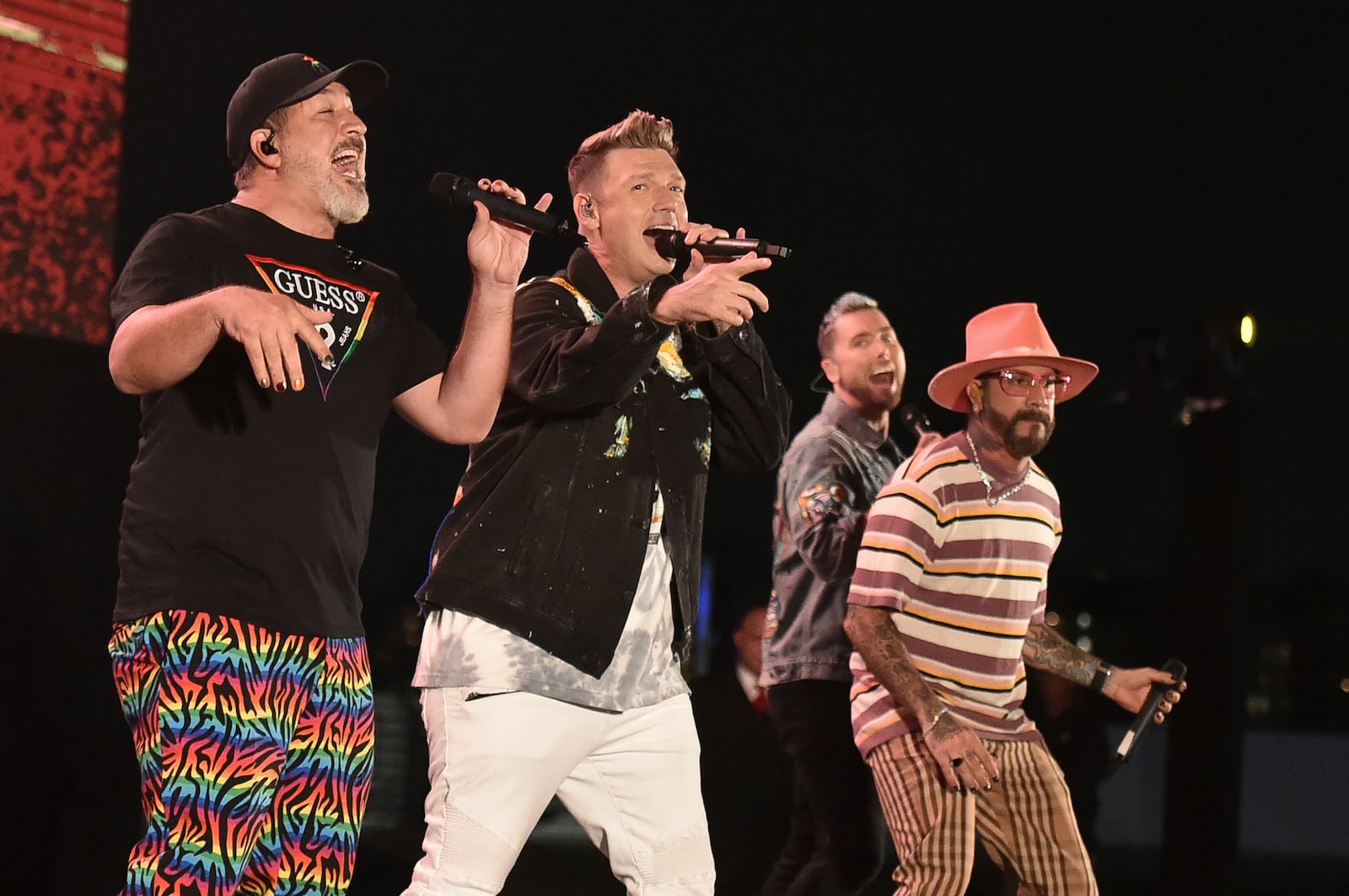 Joey Fatone, from left, Nick Carter, AJ McLean and Lance Bass perform at Bingo Under the Stars on Friday, June 18, 2021, at The Grove in Los Angeles. (Photo by Richard Shotwell/Invision/AP)