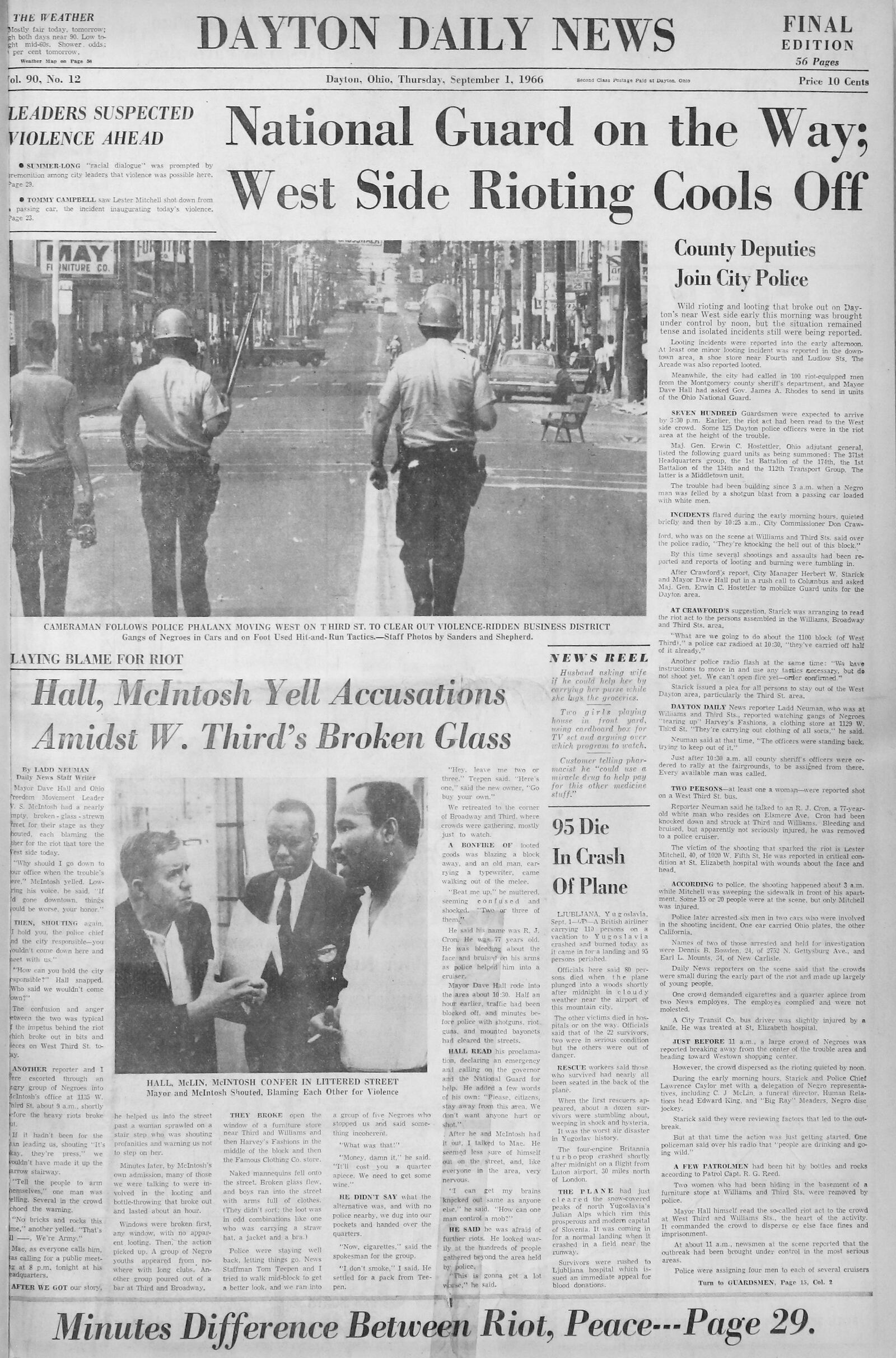 September 1, 1966:  The front page of the Dayton Daily News covering the riots in West Dayton of 1966. VIEW THE FULL-SIZE PAGE: https://www.daytondailynews.com/rw/Pub/p9/DaytonDailyNews/2018/08/14/Images/1966_09_01.jpg