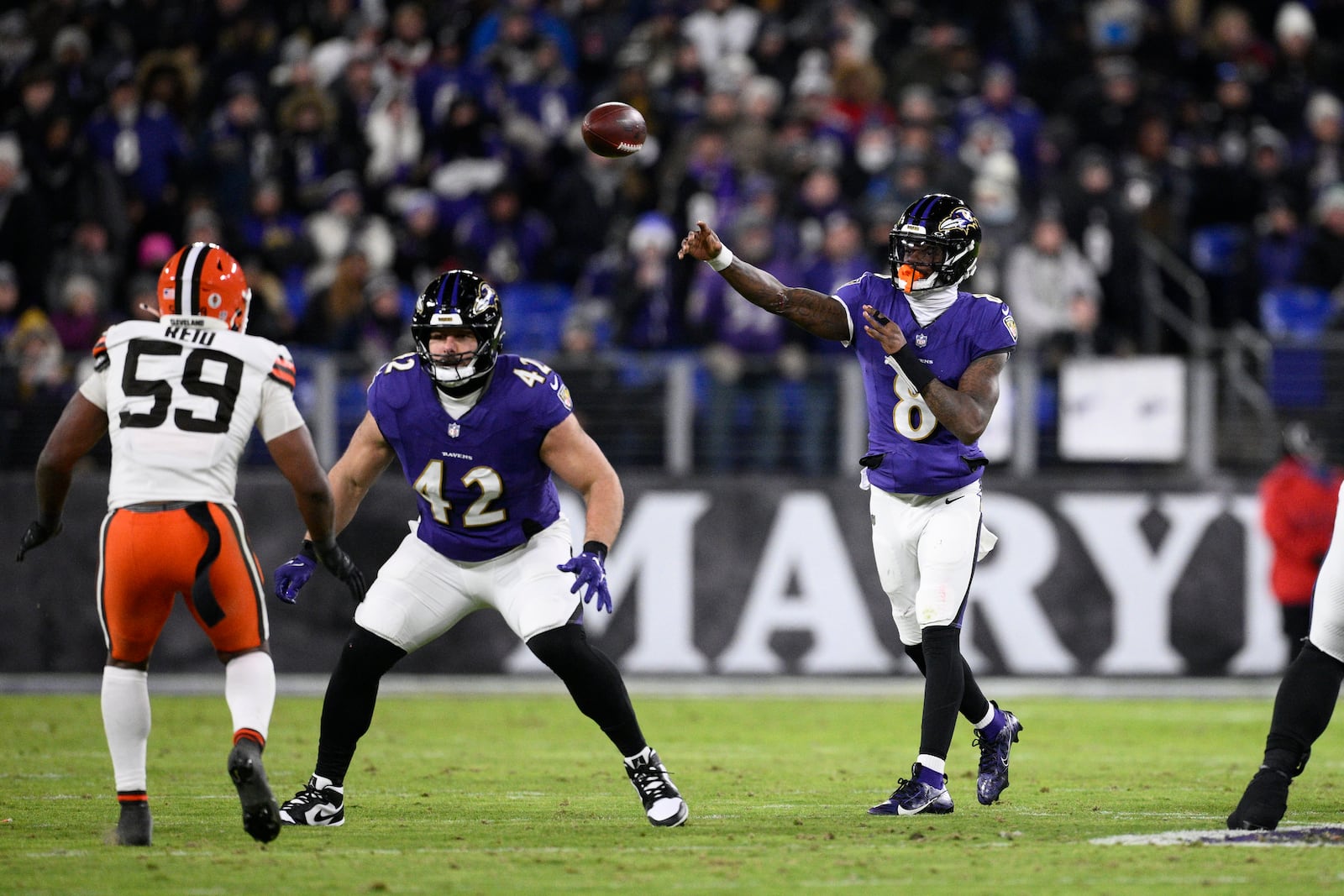 Baltimore Ravens quarterback Lamar Jackson throws during the first half of an NFL football game against the Cleveland Browns Saturday, Jan. 4, 2025, in Baltimore. (AP Photo/Nick Wass)