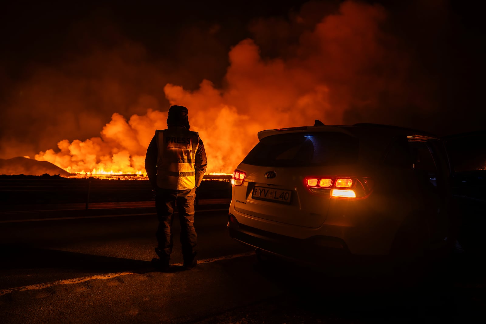 A new volcanic eruption that started on the Reykjanes Peninsula in Iceland, Wednesday, Nov.20, 2024. (AP Photo/Marco di Marco)