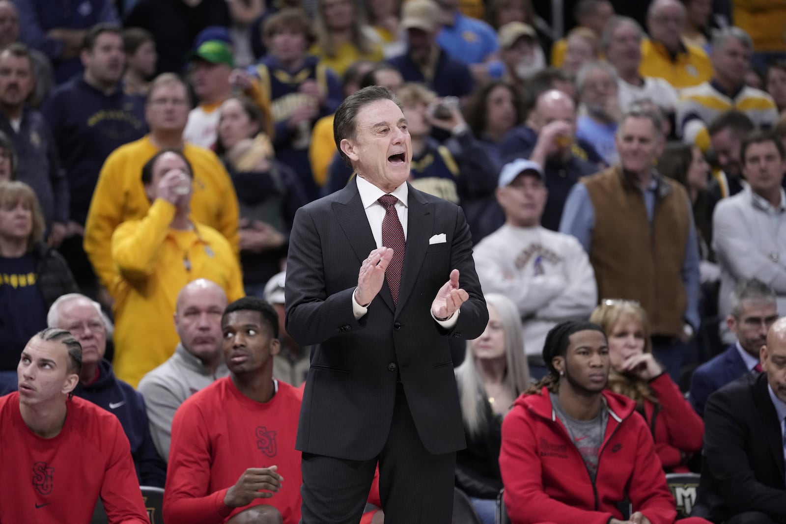 St. John's head coach Rick Pitino reacts during the first half of an NCAA college basketball game Saturday, Mar. 8, 2025, in Milwaukee. (AP Photo/Morry Gash)