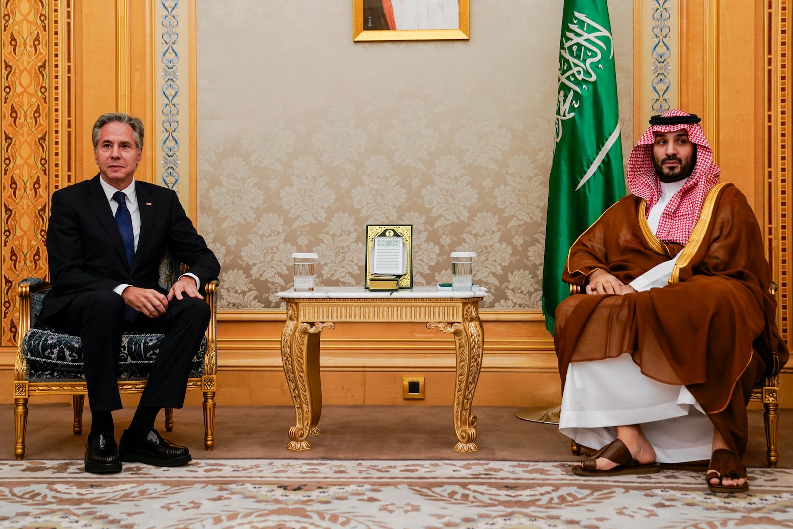 U.S. Secretary of State Antony Blinken, left, meets Saudi Crown Prince Mohammed bin Salman in Riyadh, Saudi Arabia, Wednesday Oct. 23, 2024. (Nathan Howard/Pool via AP)