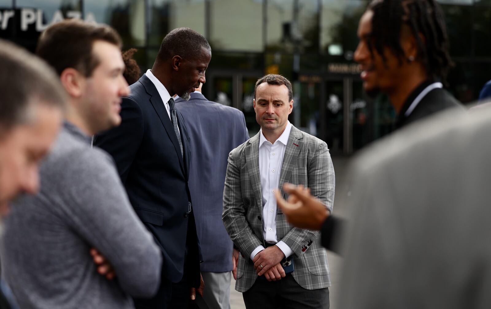 Dayton's Anthony Grant and Rhode Island's Archie Miller talk at Atlantic 10 Conference Media Day on Tuesday, Oct. 17, 2023, at the Barclays Center in Brooklyn, N.Y. David Jablonski/Staff