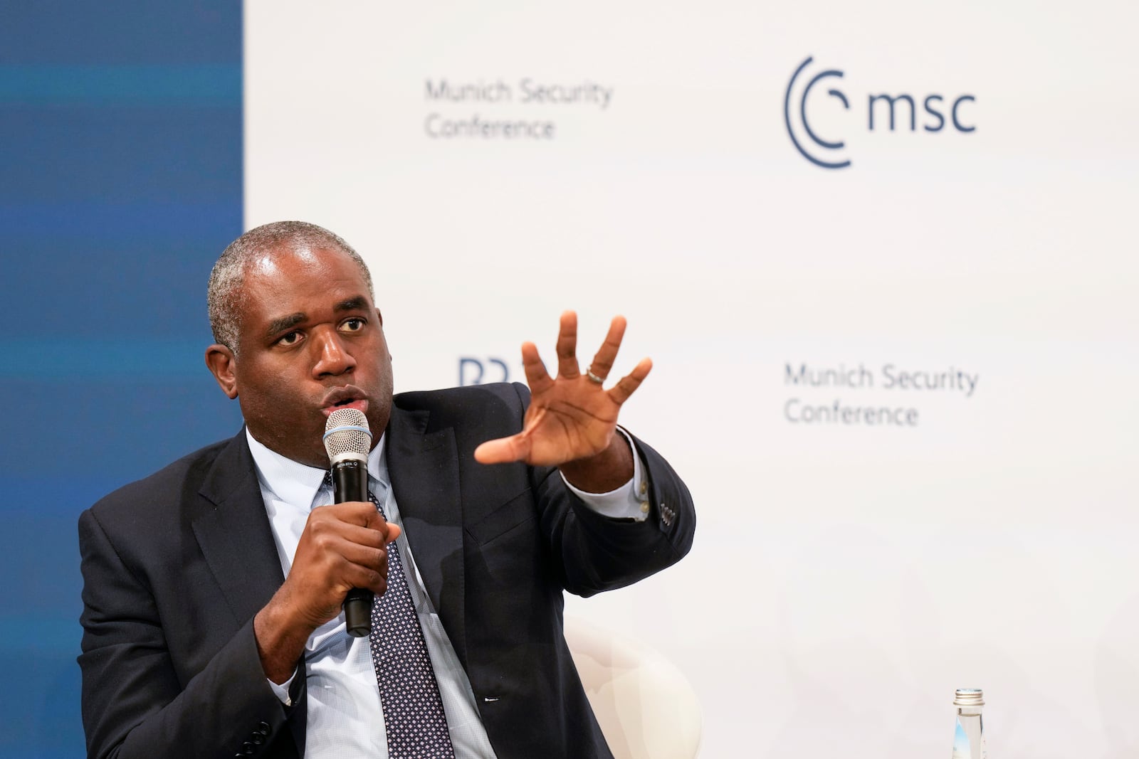 Britain's Foreign Secretary David Lammy speaks as part of a panel discussion during the Munich Security Conference at the Bayerischer Hof Hotel in Munich, Germany, Saturday, Feb. 15, 2025. (AP Photo/Matthias Schrader)