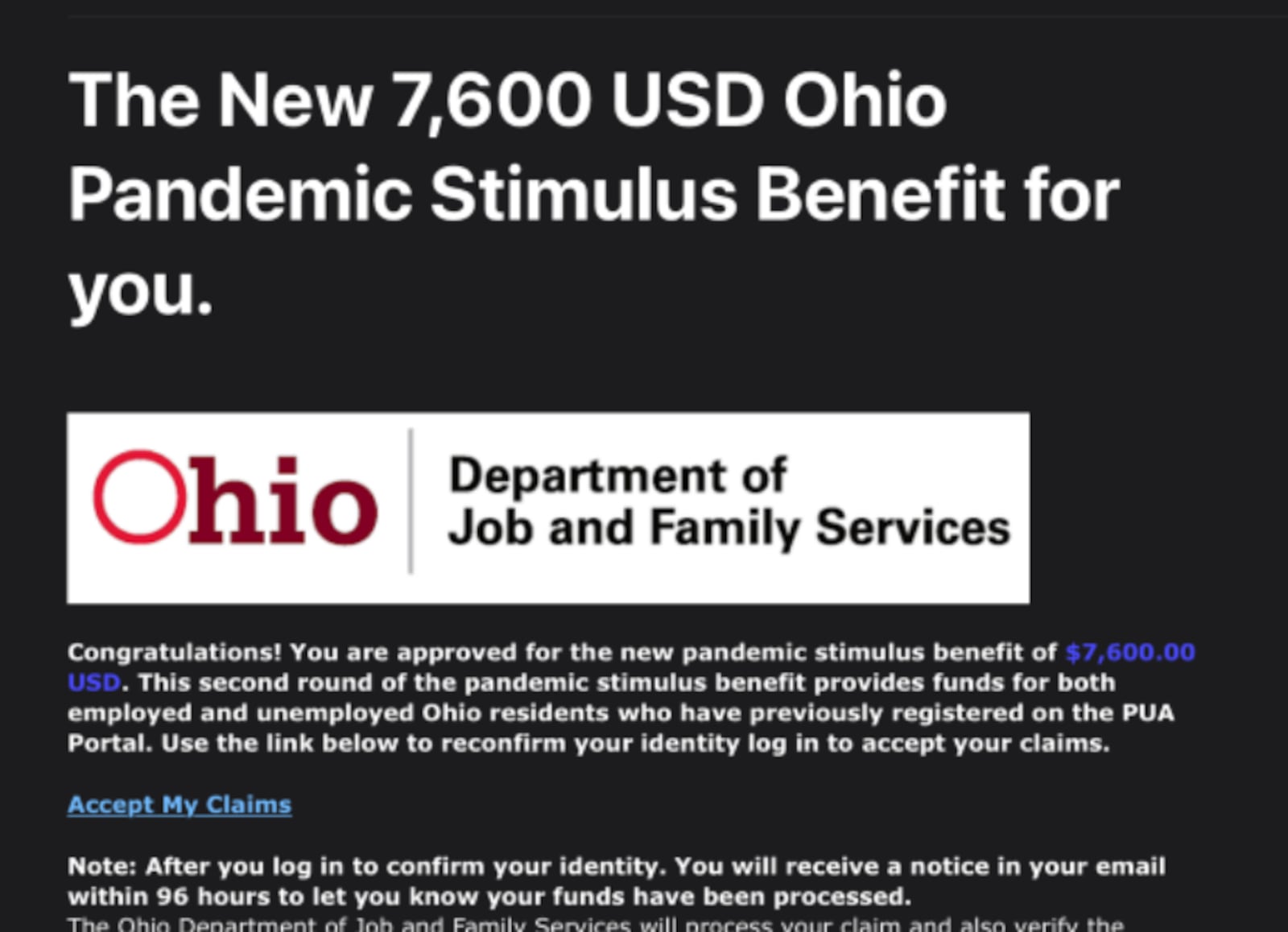 Stimulus scam message | Image courtesy of ODJFS