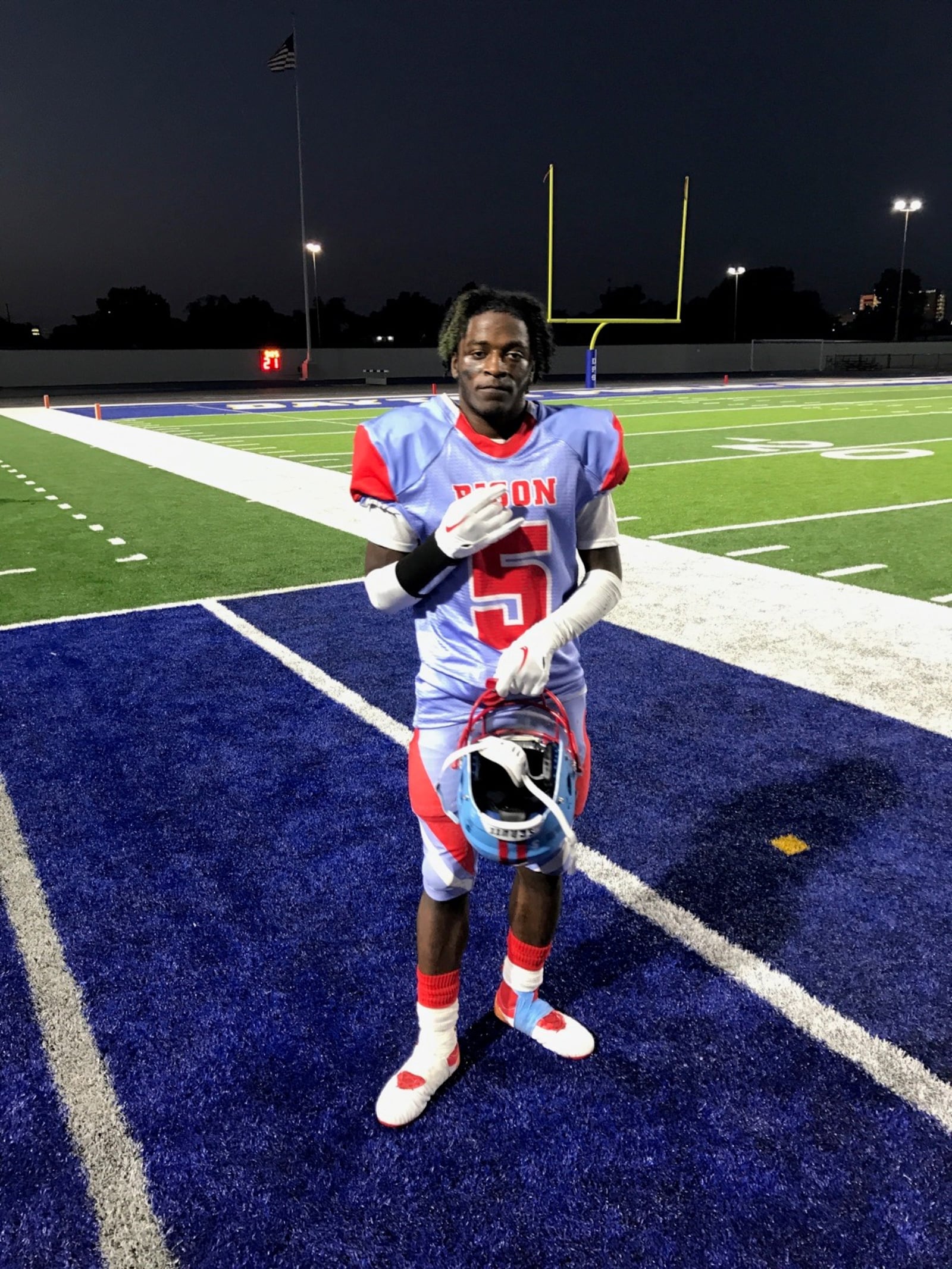 Belmont senior Damarion “Dee Money” Calahan scored two touchdowns Thursday night in a 20-6 victory over Ponitz at Welcome Stadium. His second quarter recovery of a blocked punt he ran in for a TD accounted for Belmont’s first points of the year after being outscored 171-0 in their first three losses. In the fourth quarter Thursday, he scored on a 36-yard passing play from quarterback Dy’Lan Wilder. Tom Archdeacon/CONTRIBUTED