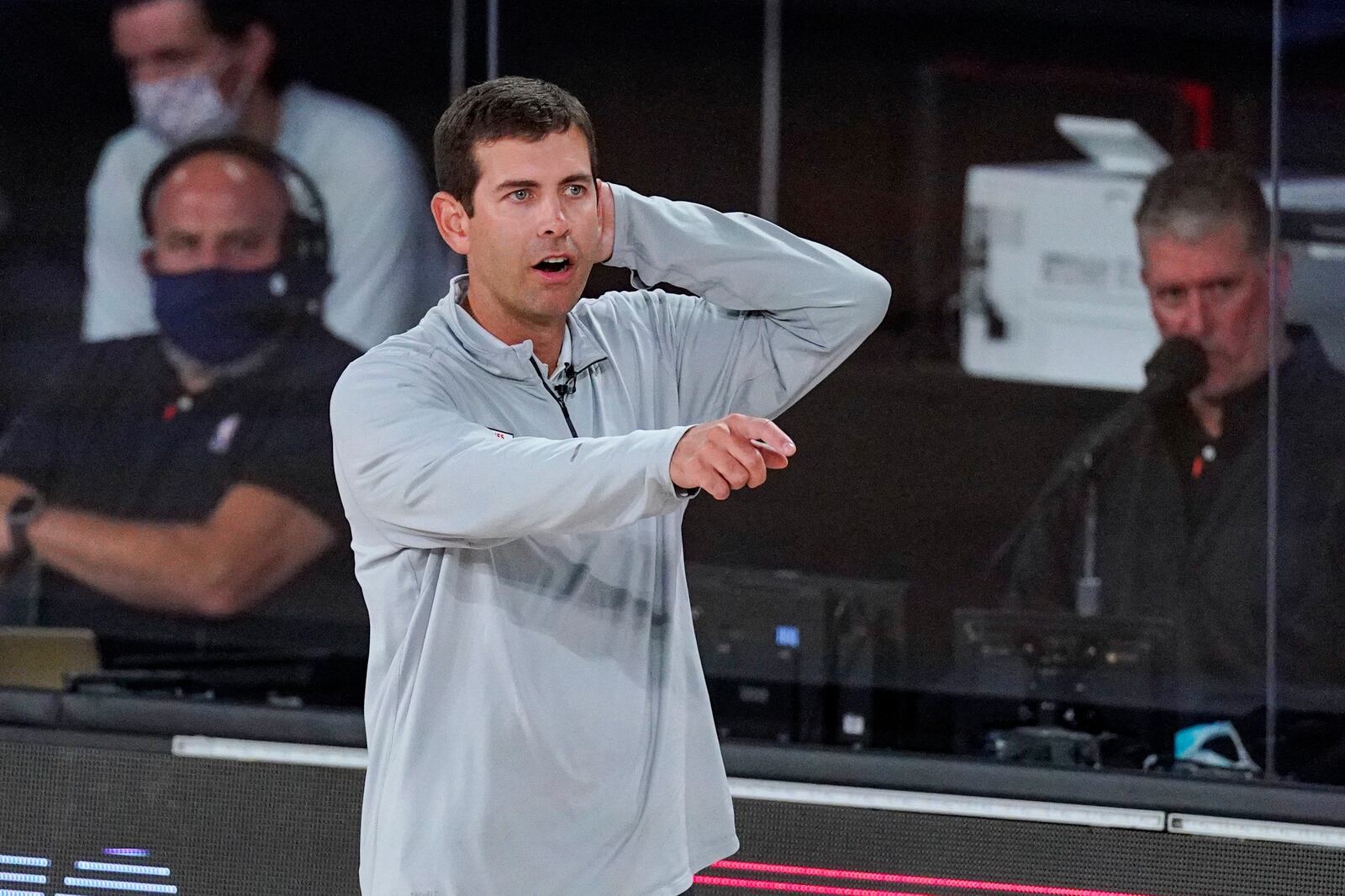 Boston Celtics head coach Brad Stevens looks for a call during the first half of an NBA conference semifinal playoff basketball game against the Toronto Raptors Wednesday, Sept. 9, 2020, in Lake Buena Vista, Fla. (AP Photo/Mark J. Terrill)