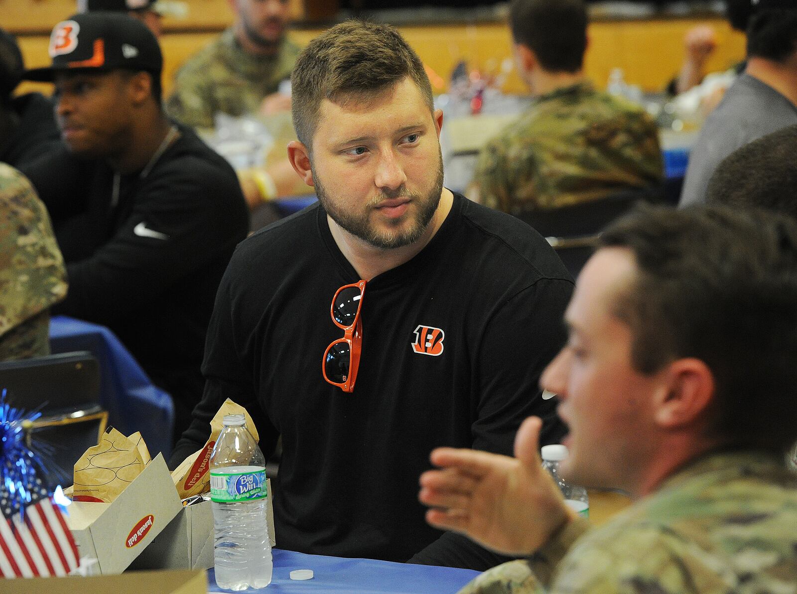 Springboro High grad Justin Rigg and other Cincinnati Bengals rookies had the opportunity to engage with military members during a USO luncheon Friday June 3, 2022 to learn about the life of an Airman. MARSHALL GORBY\STAFF