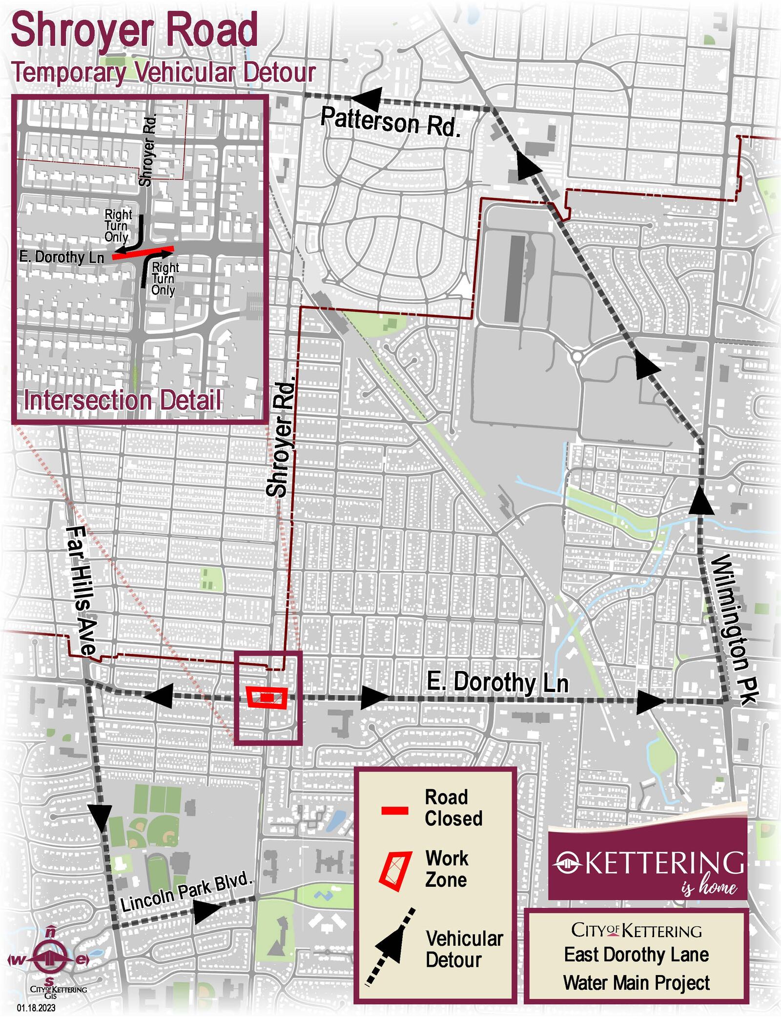 Water main replacement work during the week of Jan. 23, 2023, will result in traffic changes at the intersection of Dorothy Lane and Shroyer Road in Kettering. Map courtesy the City of Kettering.