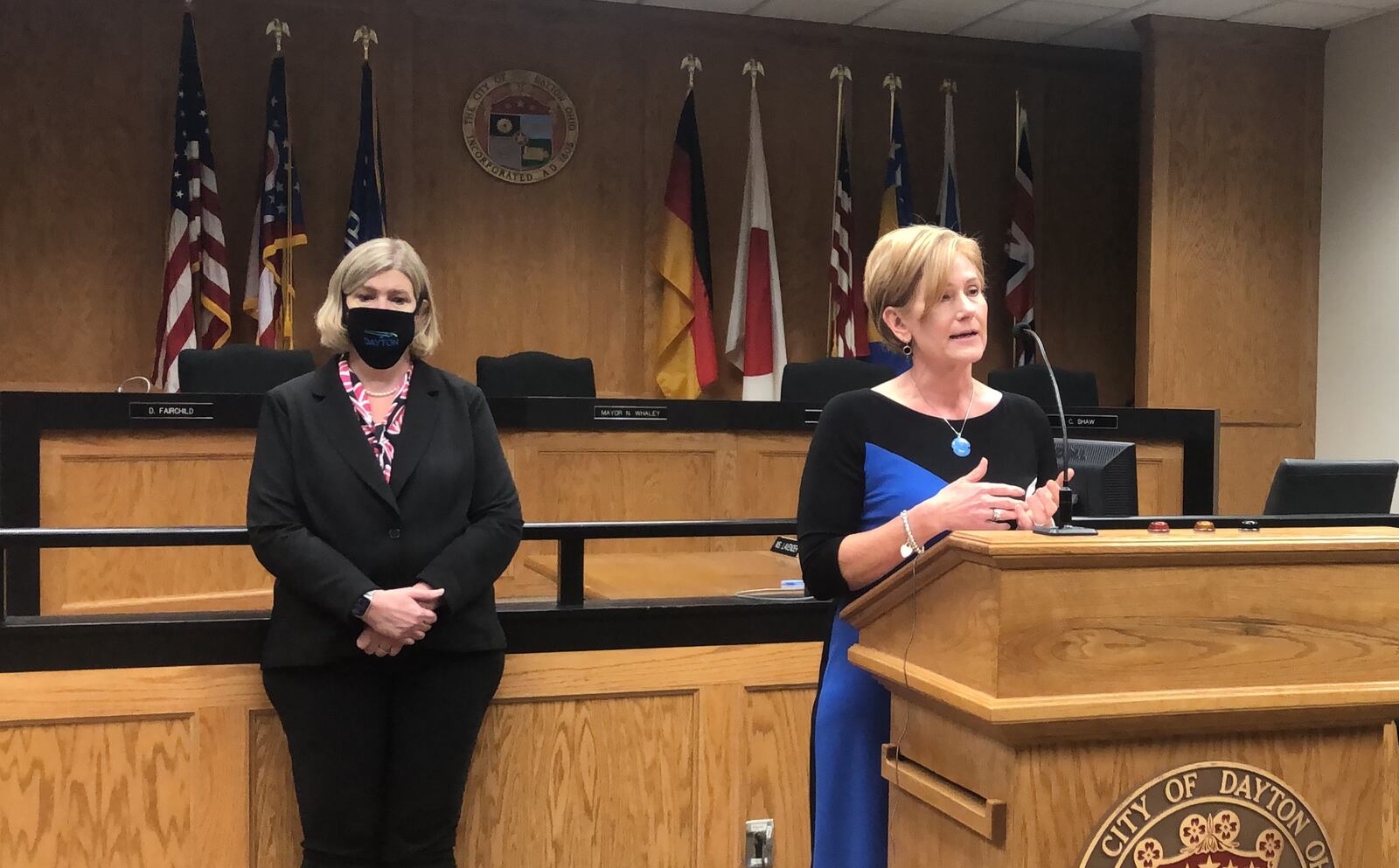 Dayton City Manager Shelley Dickstein and Mayor Nan Whaley at a recent press conference. CORNELIUS FROLIK / STAFF