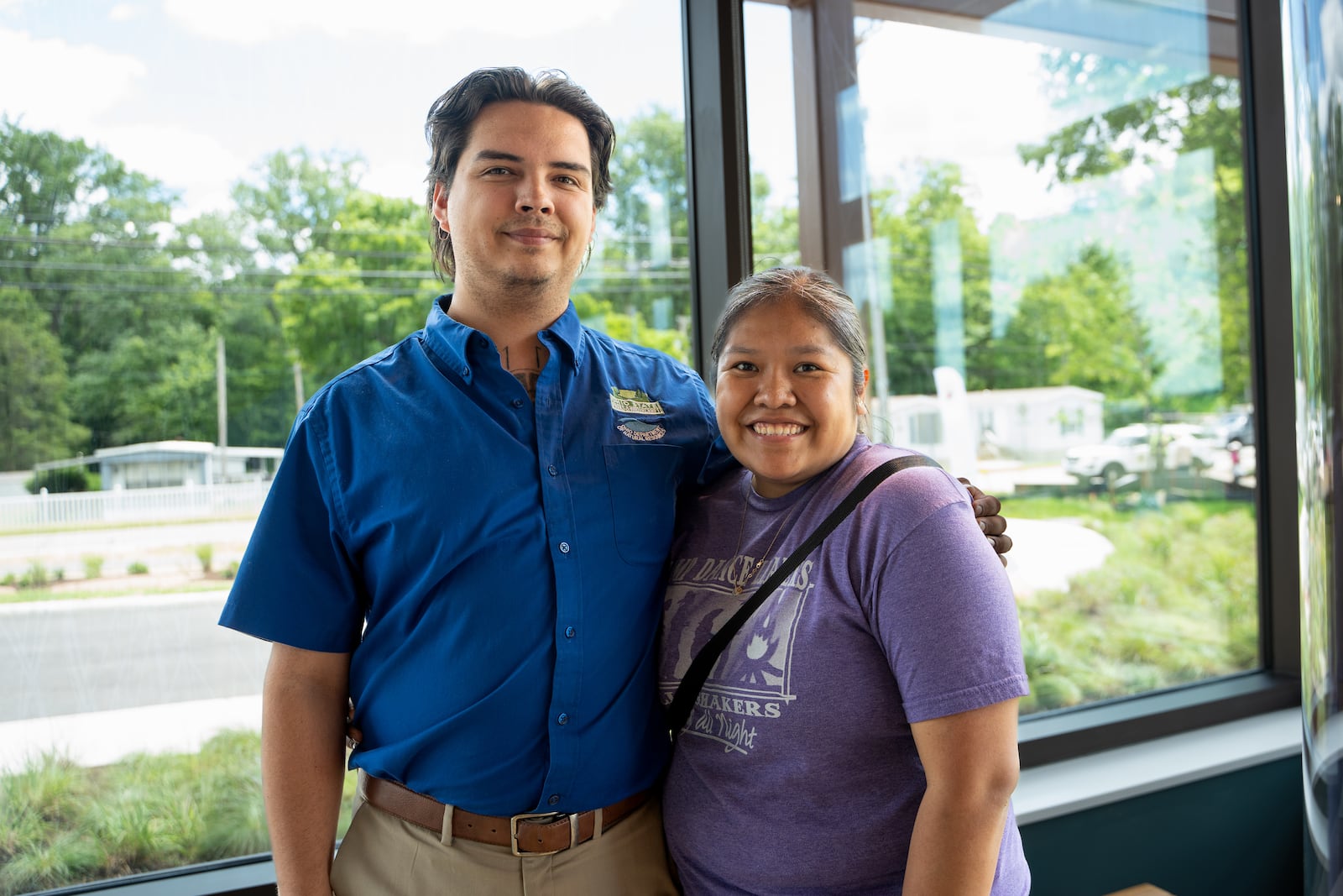 Talon Silverhorn (left) and Shelly Silverhorn at Great Council State Park.  Talon is the cultural programs manager for the Ohio Department of Natural Resources. Shelly is a fourth grade teacher at Lincoln Elementary School in Springfield, Ohio. They both are professional historic interpreters. (Ruthie Herman for WYSO)