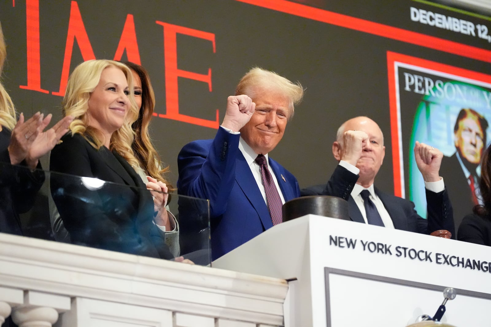 President-elect Donald Trump gestures after ringing the opening bell at the New York Stock Exchange, Thursday, Dec. 12, 2024, in New York. (AP Photo/Alex Brandon)