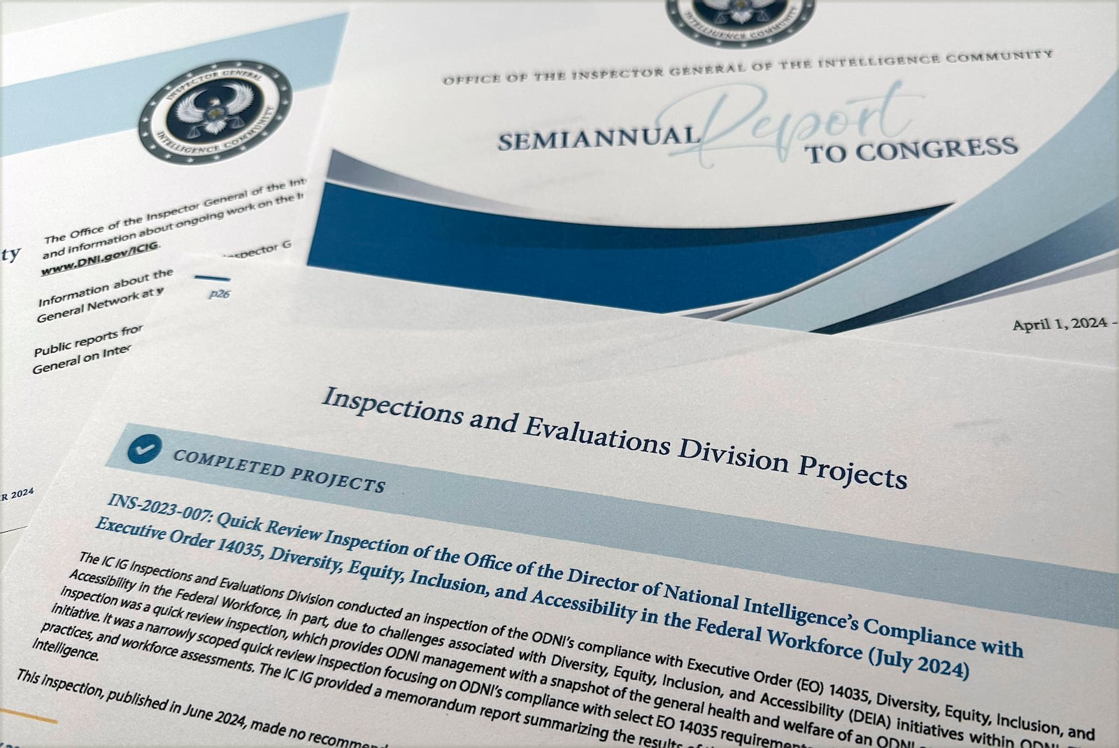 The Office of the Inspector General of the Intelligence Community semiannual report to Congress for the period ending September 2024 that includes information about the Office of the Director of National Intelligence's compliance with diversity, equity, inclusion and accessibility (DEI) in the federal workforce is photographed Jan. 31, 2025. (AP Photo/Jon Elswick)