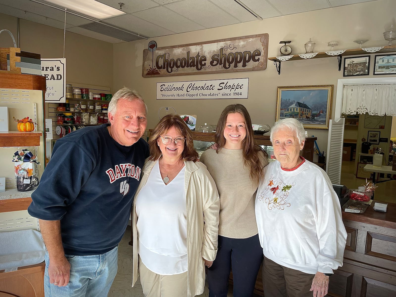 Bellbrook Chocolates is located at 101 E. Alex Bell Road, Suite 144, in Centerville’s Cross Pointe Centre. Pictured is the Blose Family, who owns the chocolate shop. Left to right is Marshall, Laura, Emily and Betty. NATALIE JONES/STAFF