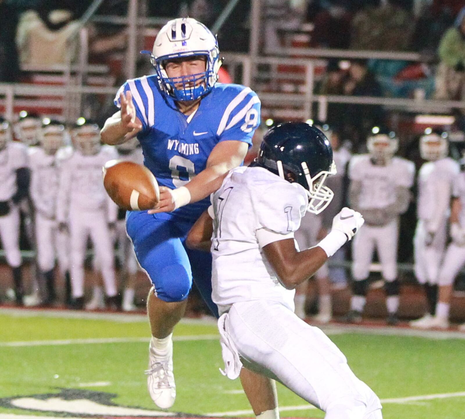 Billy Carruth of Valley View (right) knocks the ball away from Camden O’Gara. Cincinnati Wyoming defeated Valley View 33-0 in a D-IV, Region 16 high school football final at Princeton on Saturday, Nov. 23, 2019. MARC PENDLETON / STAFF