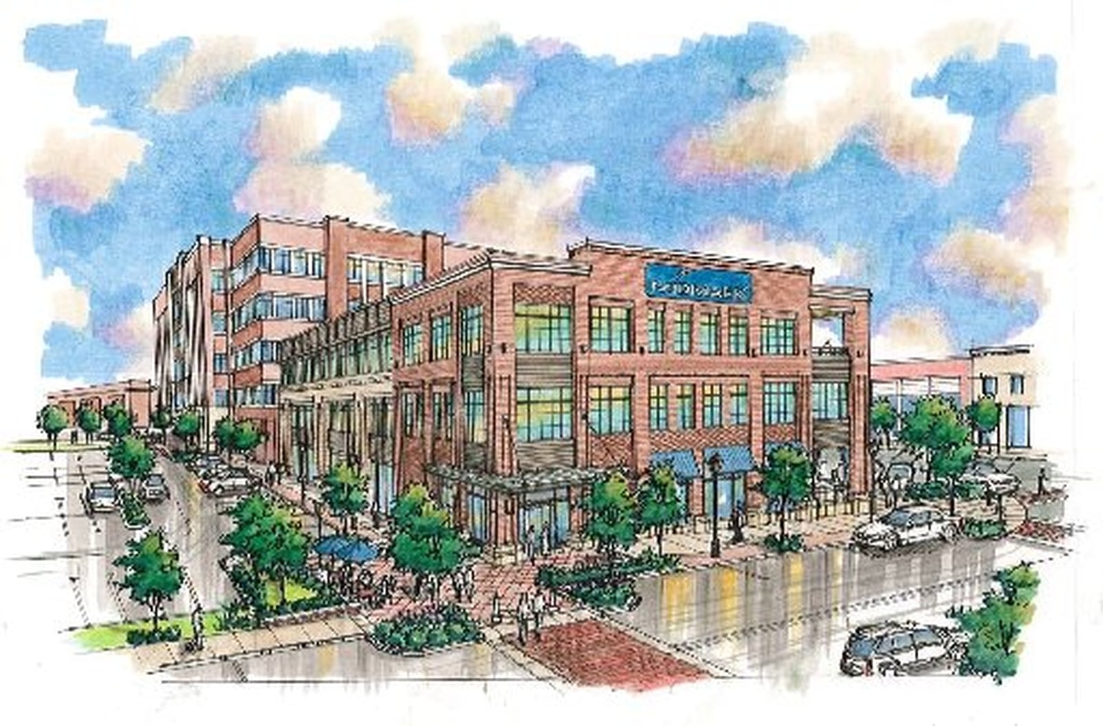 This illustration of a three-story building approved for Austin Landing is where Midmark Corp. wants to locate its new headquarters. The 38,822 structure will be located at the corner of Penny Lane and Rigby Road. CONTRIBUTED