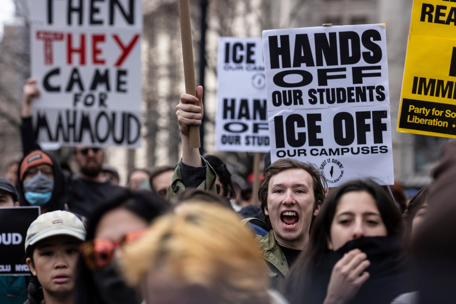 A people gathered in Foley Square, outside the Manhattan federal court, in support of Mahmoud Khalil, Wednesday, March 12, 2025, in New York. (AP Photo/Stefan Jeremiah)