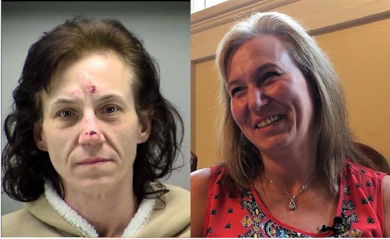 Left: Melissa Rodgers in a 2015 mugshot after she was arrested for escaping a Miami Valley Hospital police officer. Right: Melissa Rodgers today, more than one year in recovery.