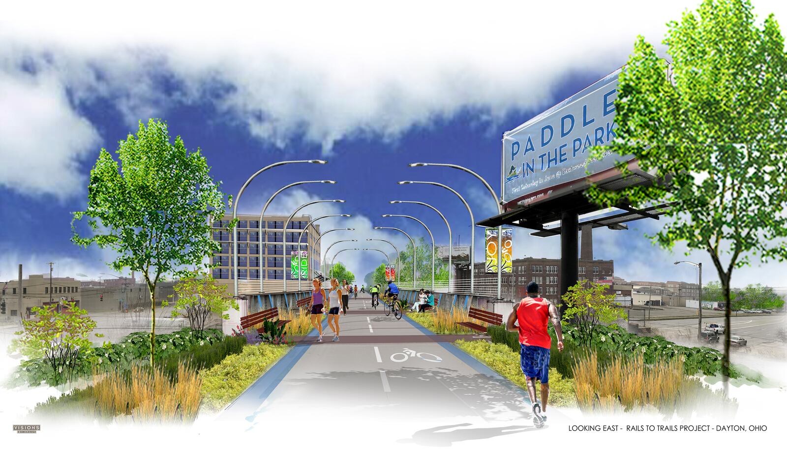 A rendering of what the Flight Line rails-to-trails project could look like from the bridge over Keowee Street. CONTRIBUTED