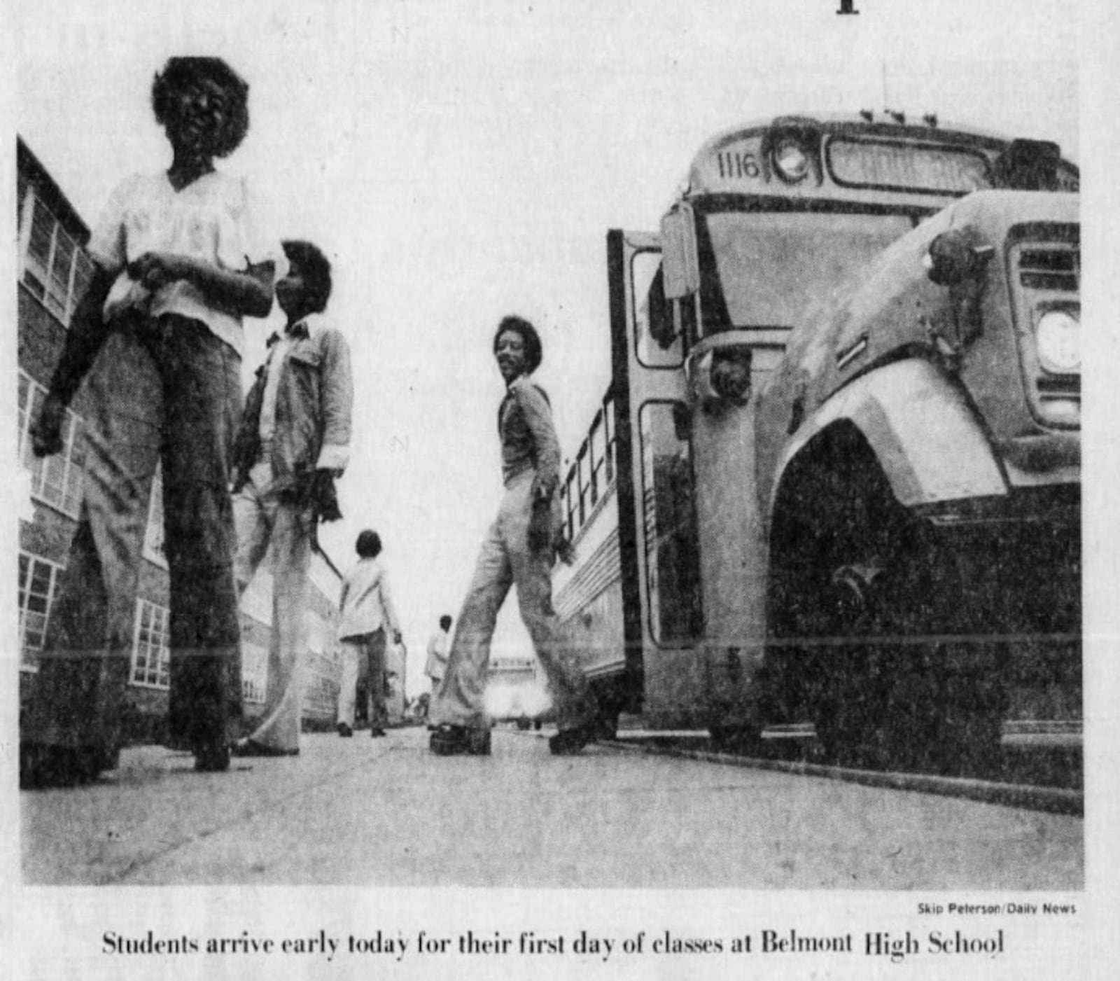 Students arrived early for their first day at Belmont High School on Sept. 2, 1976, the first day of court-mandated busing in Dayton Public Schools. Dayton Daily News Archives.