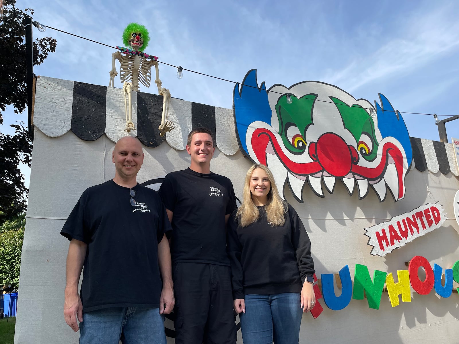 Laffin’ Lizzy’s Haunted Funhouse is located at 4103 Shadow Leaf Dr. in Bellbrook. Pictured left to right is Todd Anderson, Matthew Eakins and Hailey Anderson. NATALIE JONES/STAFF