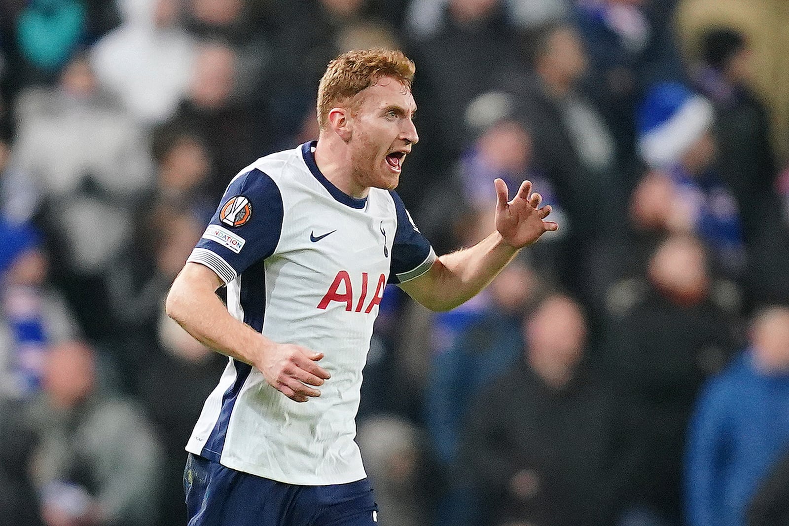 Tottenham Hotspur's Dejan Kulusevski celebrates scoring their side's first goal of the game against Rangers during a UEFA Europa League soccer match at the Ibrox Stadium, Thursday, Dec. 12, 2024, in Glasgow, Scotland. (Jane Barlow/PA via AP)