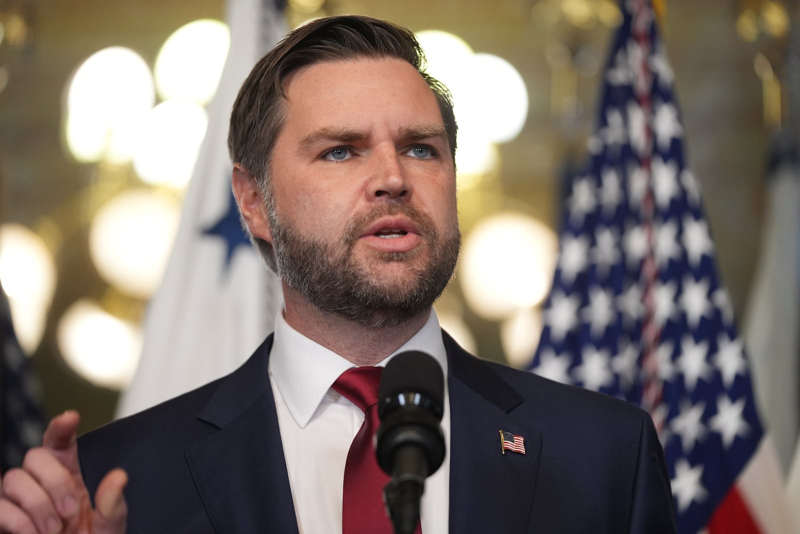 Vice President JD Vance speaks before swearing in Secretary of State Marco Rubio in the Vice Presidential Ceremonial Office in the Eisenhower Executive Office Building on the White House campus, Tuesday, Jan. 21, 2025, in Washington. (AP Photo/Evan Vucci)