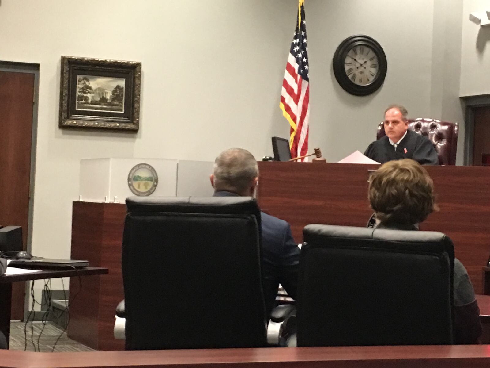 Judge Joe Kirby considers a suppression motion filed by lawyer Kevin Hughes on behalf of the son of a Springboro school teacher charged with permitting drug abuse at their home. The boy is charged with drug trafficking and possession of LSD and marijuana. STAFF/ LAWRENCE BUDD