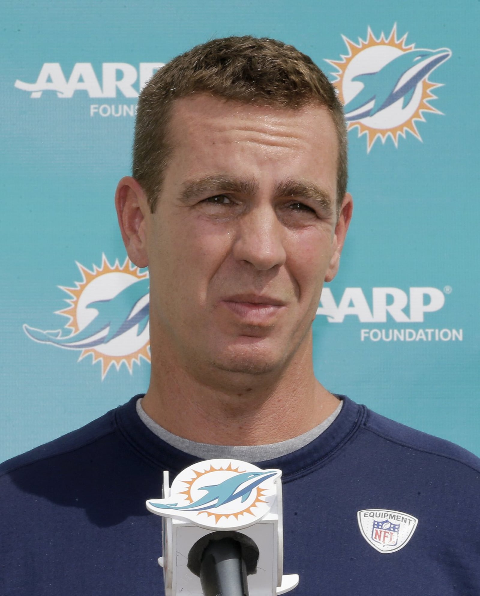 Miami Dolphins defensive coordinator Lou Anarumo listens to a reporter’s question during a news conference prior to an NFL football practice, Thursday, Oct. 15, 2015, in Davie, Fla. (AP Photo/Alan Diaz)