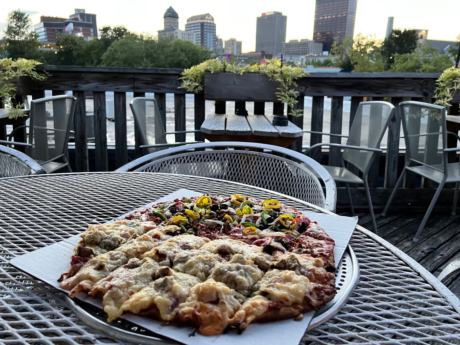 View from the patio at the Oregon Express with a Rueben pizza