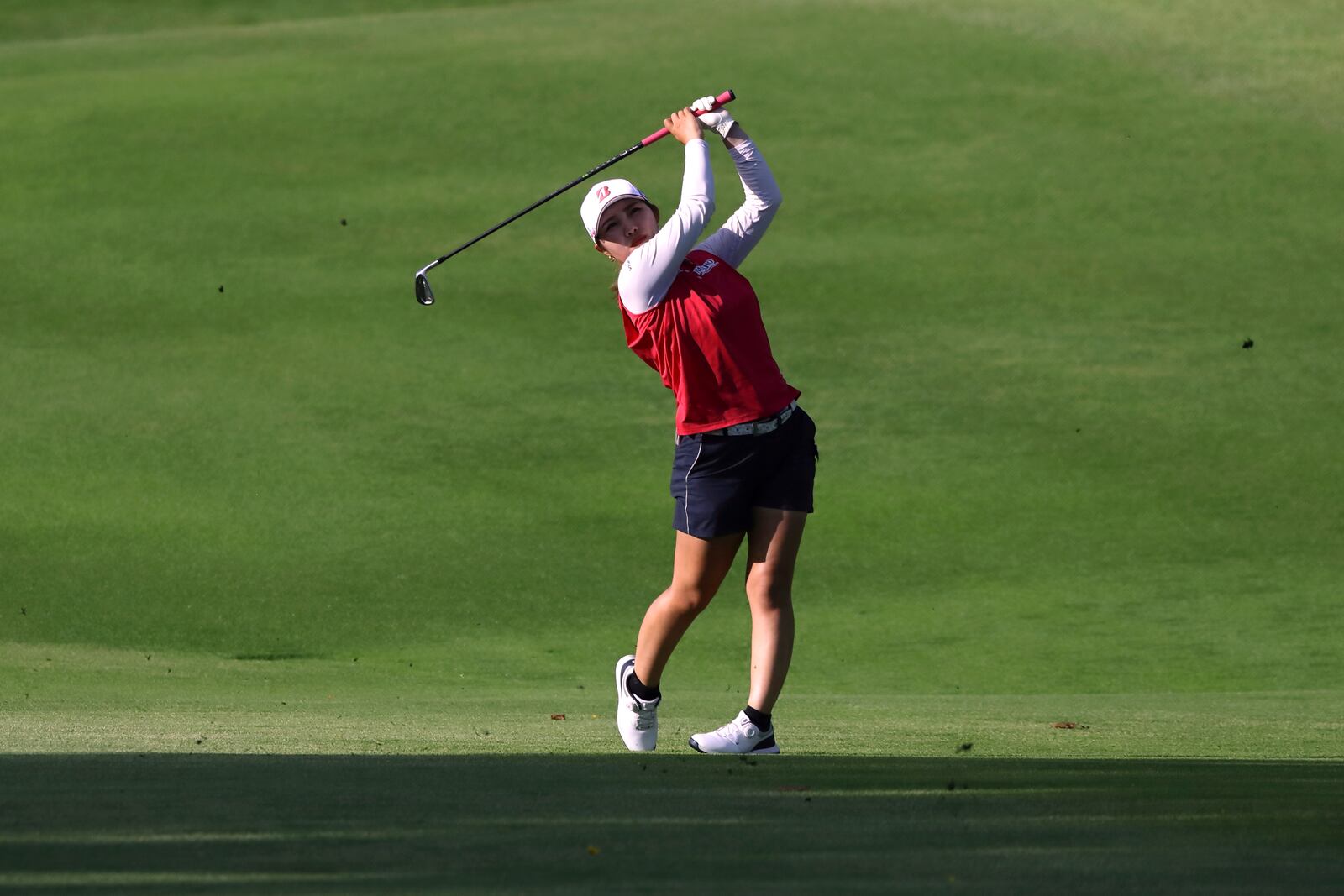 Ayaka Furue of Japan plays a shot during the round four of the HSBC Women's World Championship 2025 at Sentosa Golf Club in Singapore, Sunday, March 2, 2025. (AP Photo/Suhaimi Abdullah)