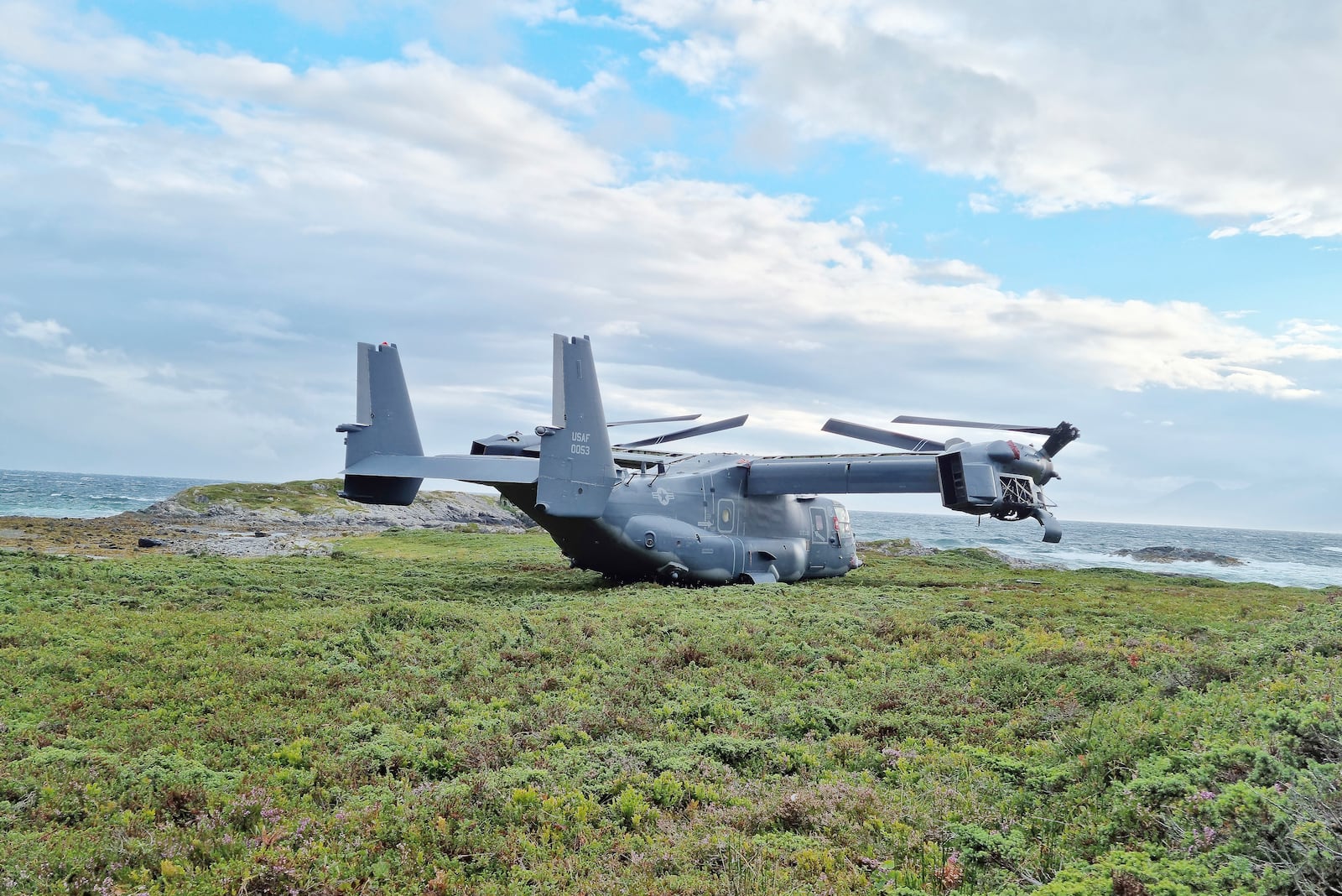 A Boeing V-22 Osprey is seen on Aug. 13, 2022, in Senja, Norway, after an emergency landing due to a clutch issue. (Norwegian Armed Forces via AP)